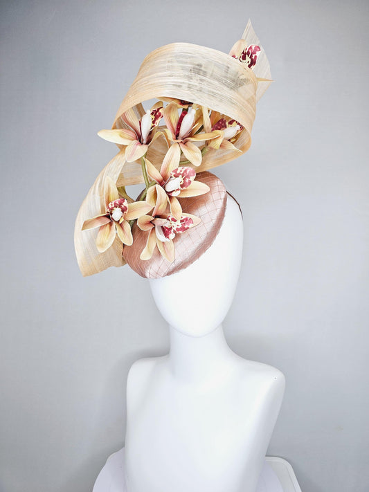 kentucky derby hat fascinator light pink satin with netting,yellow dusty pink orchid flowers,neutral beige silk ribbon large bendable decor