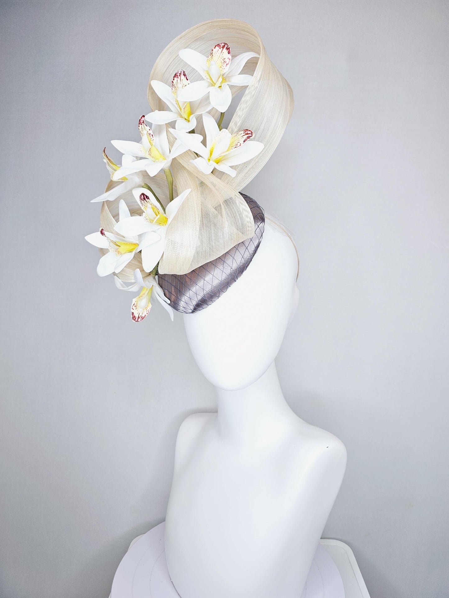 kentucky derby hat fascinator silver gray satin with netting,white w/ yellow wine red orchid flowers,ivory white ribbon large bendable decor