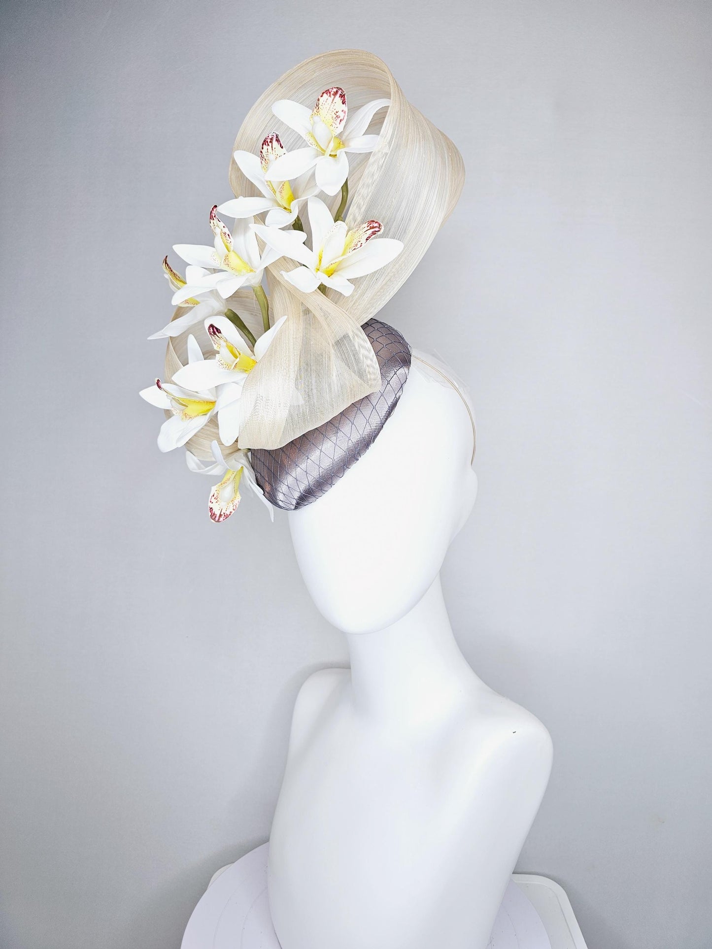 kentucky derby hat fascinator silver gray satin with netting,white w/ yellow wine red orchid flowers,ivory white ribbon large bendable decor