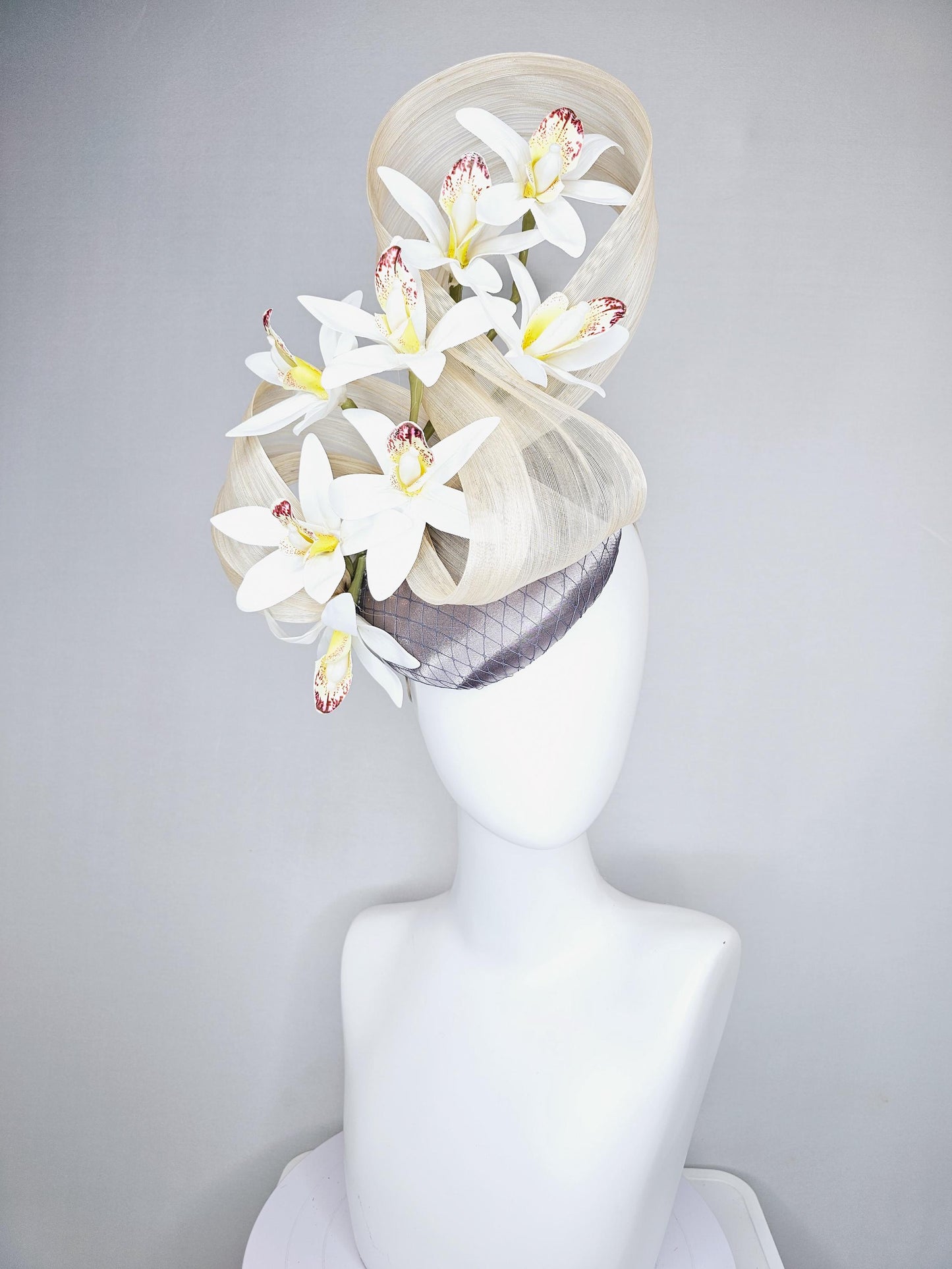 kentucky derby hat fascinator silver gray satin with netting,white w/ yellow wine red orchid flowers,ivory white ribbon large bendable decor