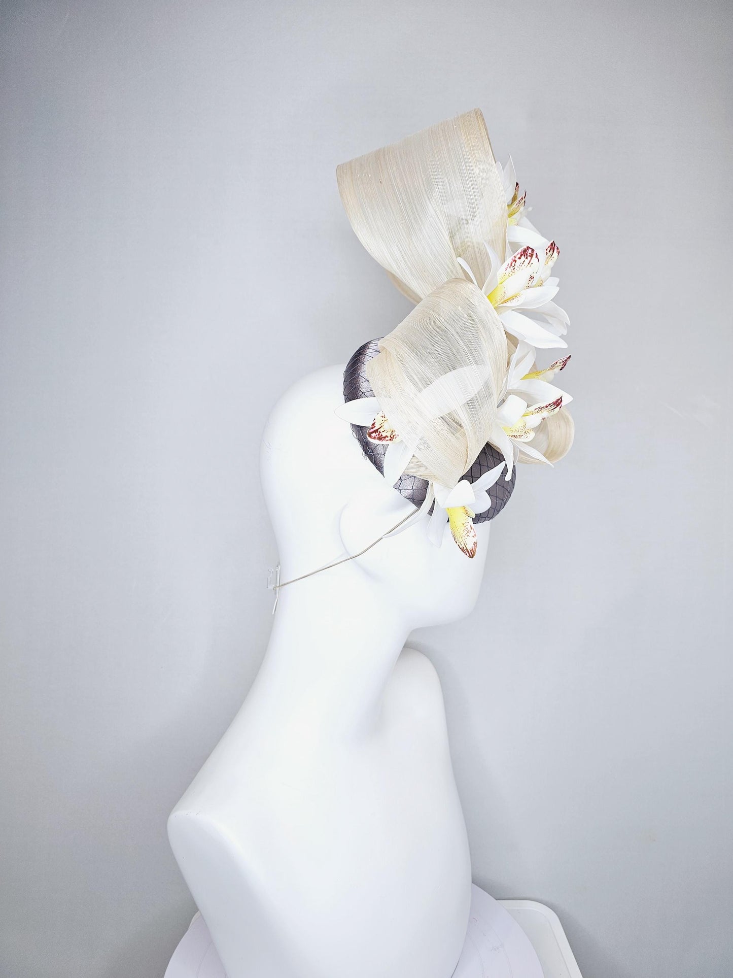 kentucky derby hat fascinator silver gray satin with netting,white w/ yellow wine red orchid flowers,ivory white ribbon large bendable decor