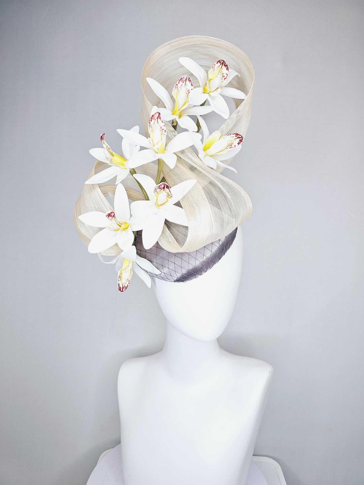 kentucky derby hat fascinator silver gray satin with netting,white w/ yellow wine red orchid flowers,ivory white ribbon large bendable decor