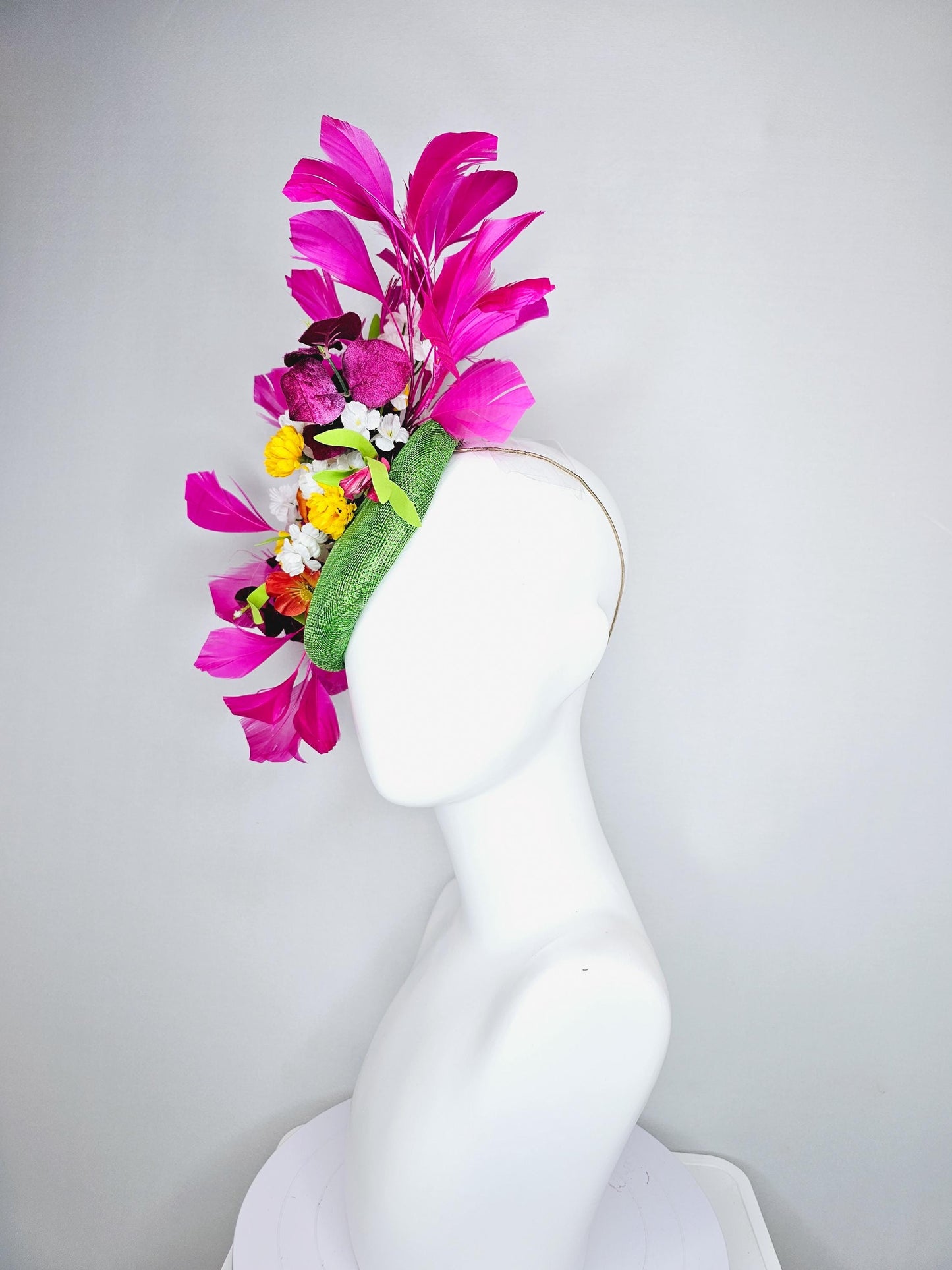 kentucky derby hat fascinator lime green sinamay with yellow orange white pink satin flowers, green leaves, fuchsia pink branching feathers