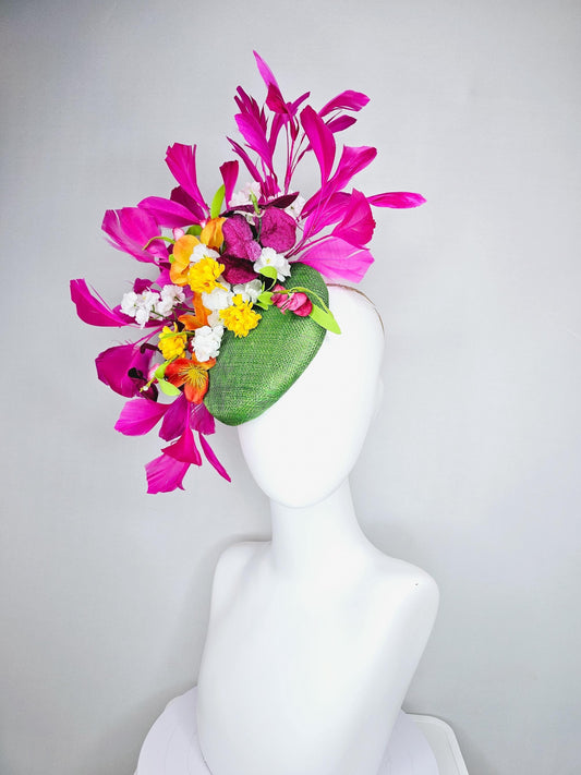 kentucky derby hat fascinator lime green sinamay with yellow orange white pink satin flowers, green leaves, fuchsia pink branching feathers