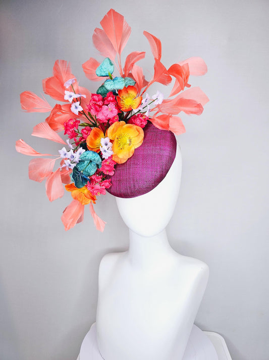 kentucky derby hat fascinator magenta purple sinamay, orange cherry red white satin flowers,teal blue leaves,coral orange branching feathers