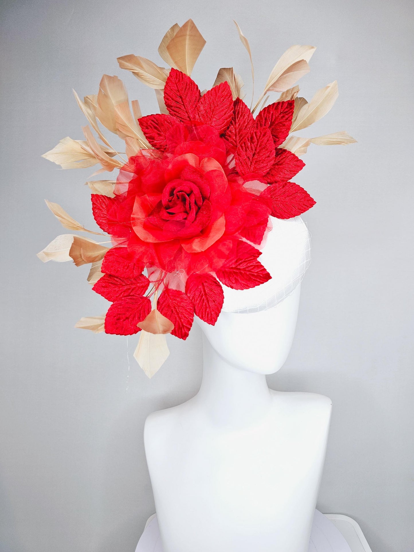 kentucky derby hat fascinator white satin with netting, scarlet red organza silk rose flower, red leaves,neutral gold tan branching feathers