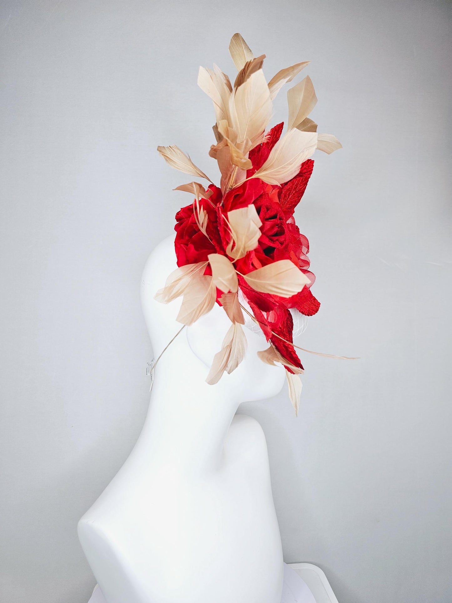 kentucky derby hat fascinator white satin with netting, scarlet red organza silk rose flower, red leaves,neutral gold tan branching feathers