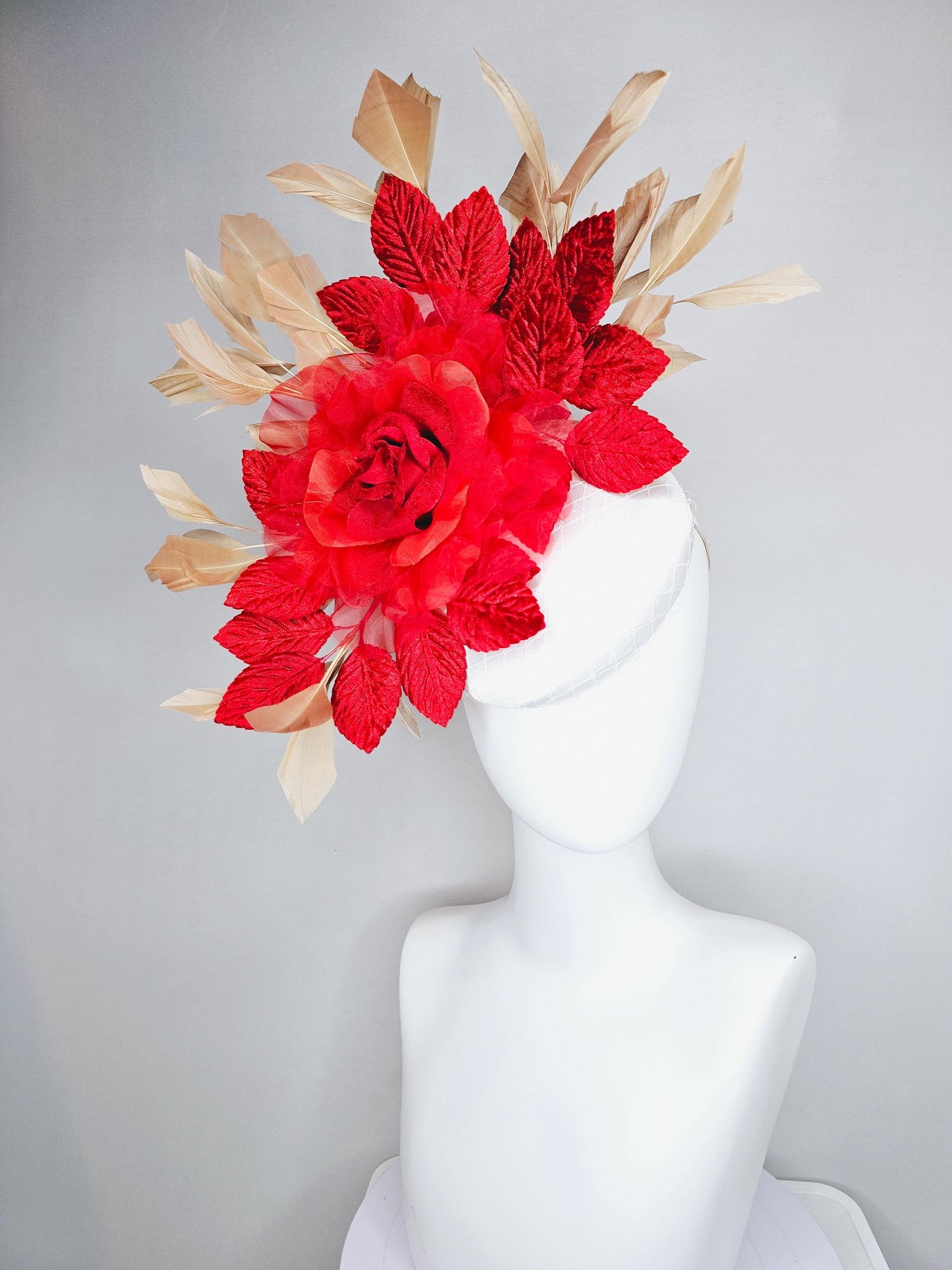 kentucky derby hat fascinator white satin with netting, scarlet red organza silk rose flower, red leaves,neutral gold tan branching feathers