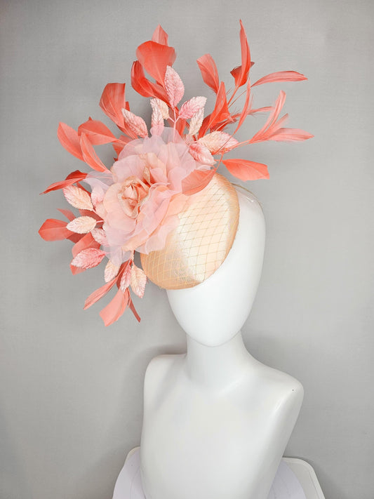 kentucky derby hat fascinator neutral champagne satin w/netting,light pink organza flower,ombre peach leaves,coral orange branching feathers