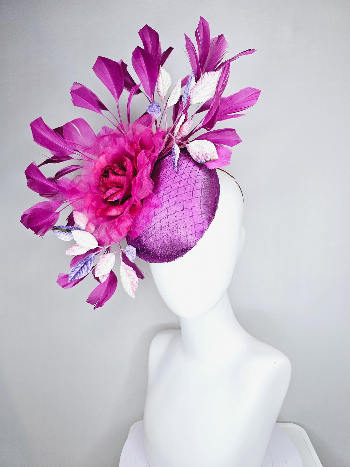 kentucky derby hat fascinator purple satin with netting, pink organza rose flower, ombre purple leaves, purple branching feathers