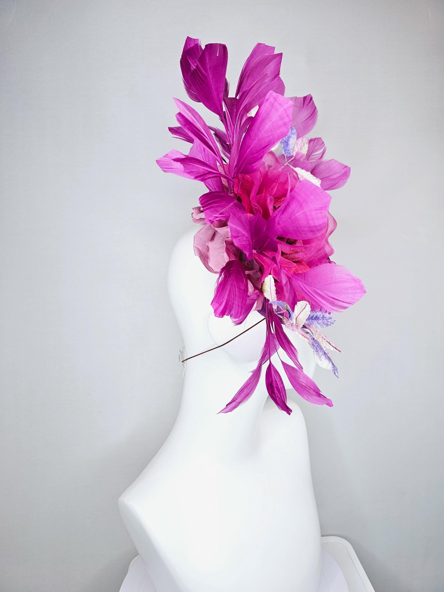 kentucky derby hat fascinator purple satin with netting, pink organza rose flower, ombre purple leaves, purple branching feathers