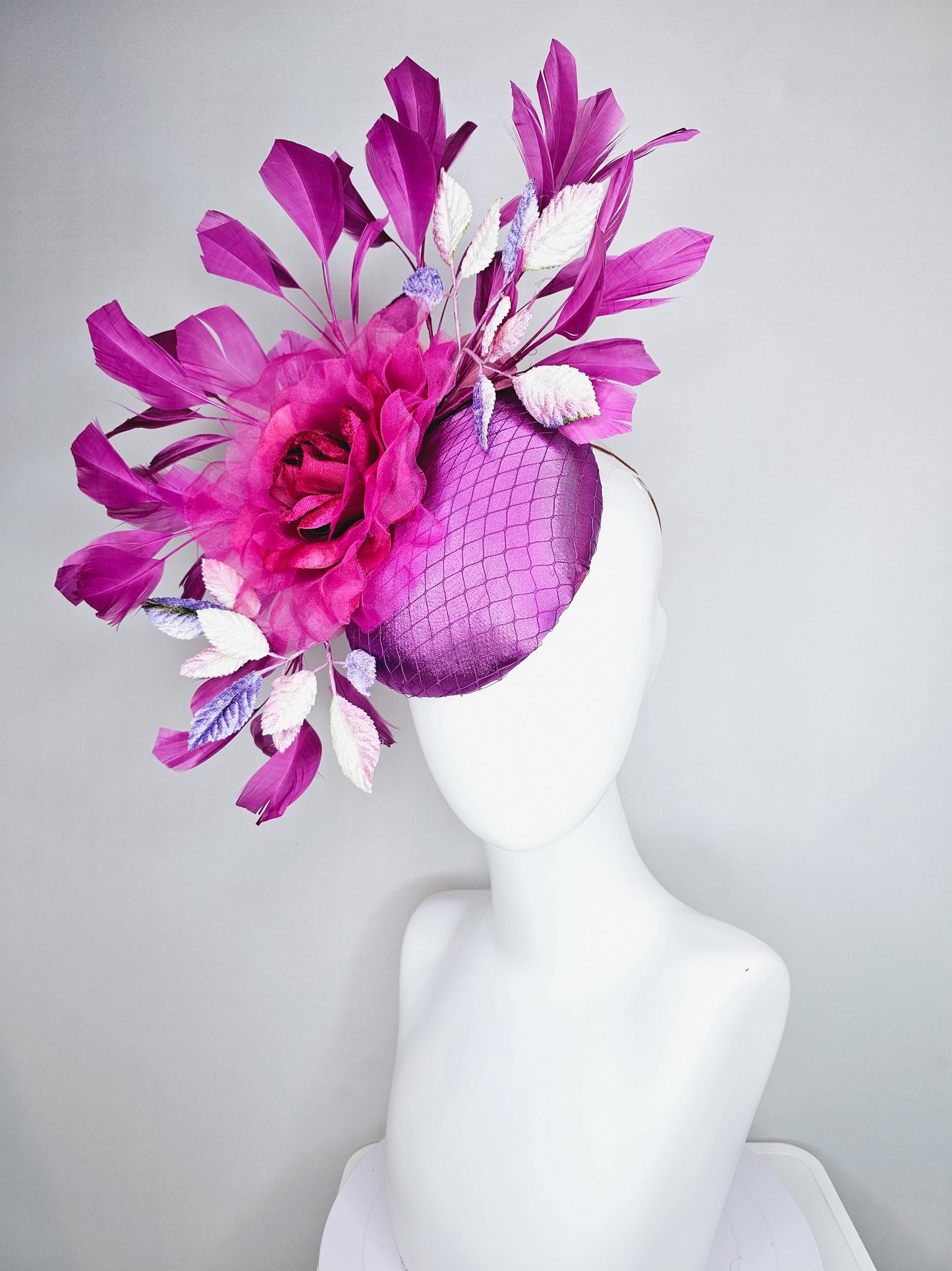 kentucky derby hat fascinator purple satin with netting, pink organza rose flower, ombre purple leaves, purple branching feathers