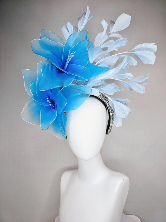 kentucky derby hat fascinator crystal rhinestone headband with large sky blue wire mesh flowers and light baby blue branching feathers
