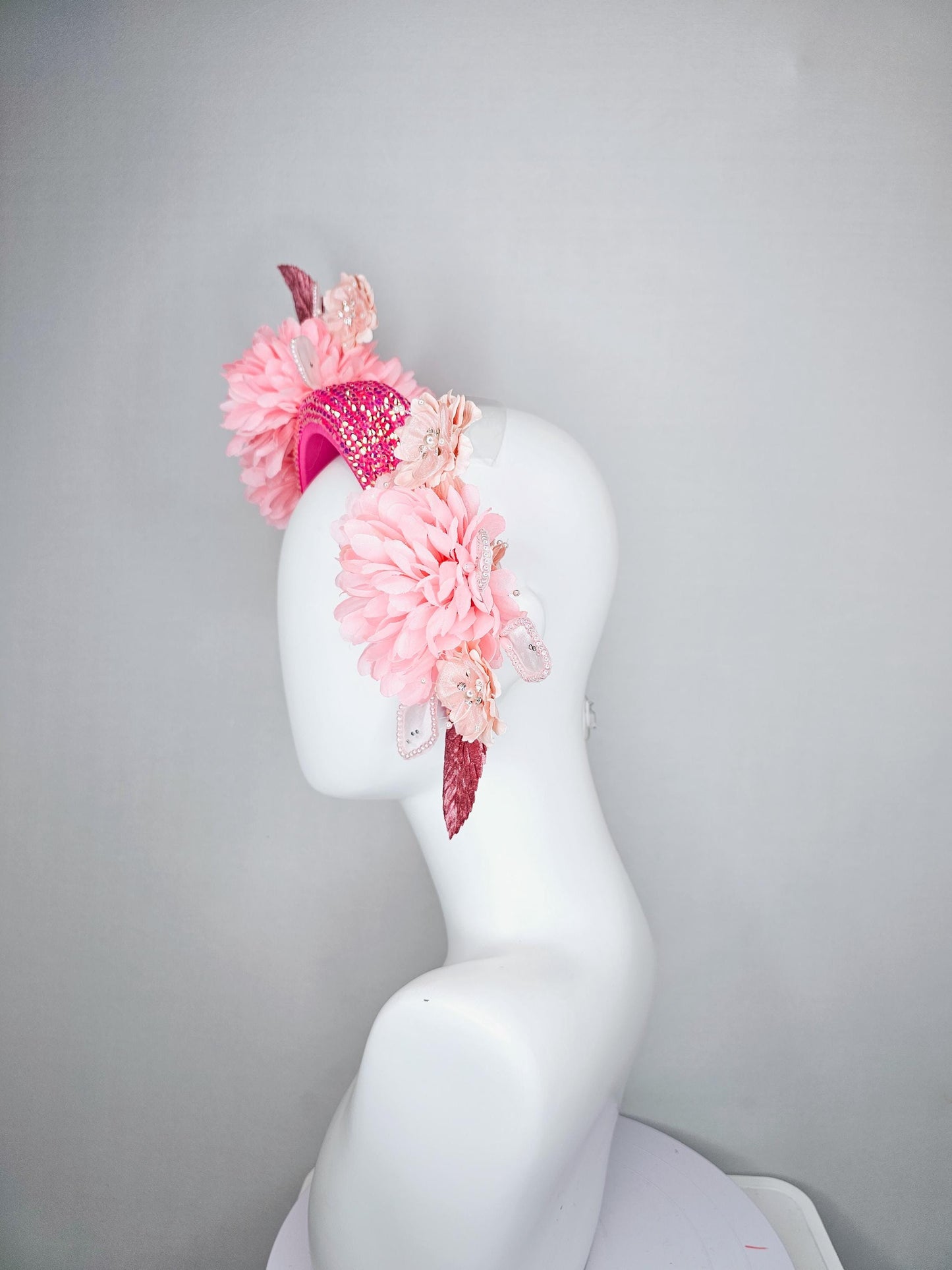 kentucky derby hat fascinator iridescent pink crystal headband,light blush pink satin silk flowers,dusty pink and pearl light pink leaves