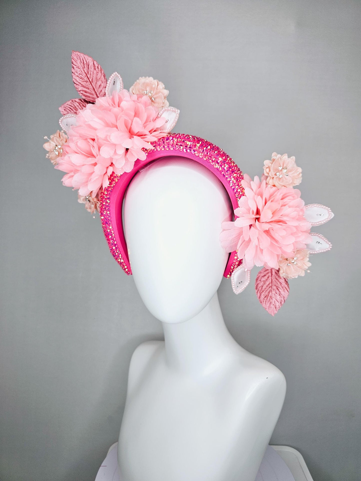 kentucky derby hat fascinator iridescent pink crystal headband,light blush pink satin silk flowers,dusty pink and pearl light pink leaves