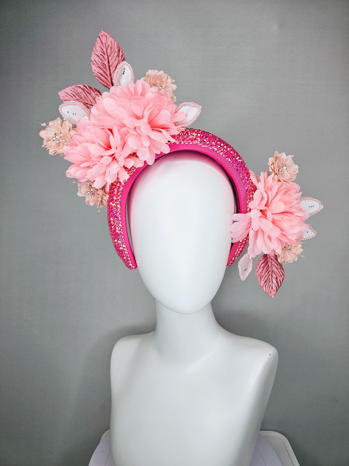 kentucky derby hat fascinator iridescent pink crystal headband,light blush pink satin silk flowers,dusty pink and pearl light pink leaves