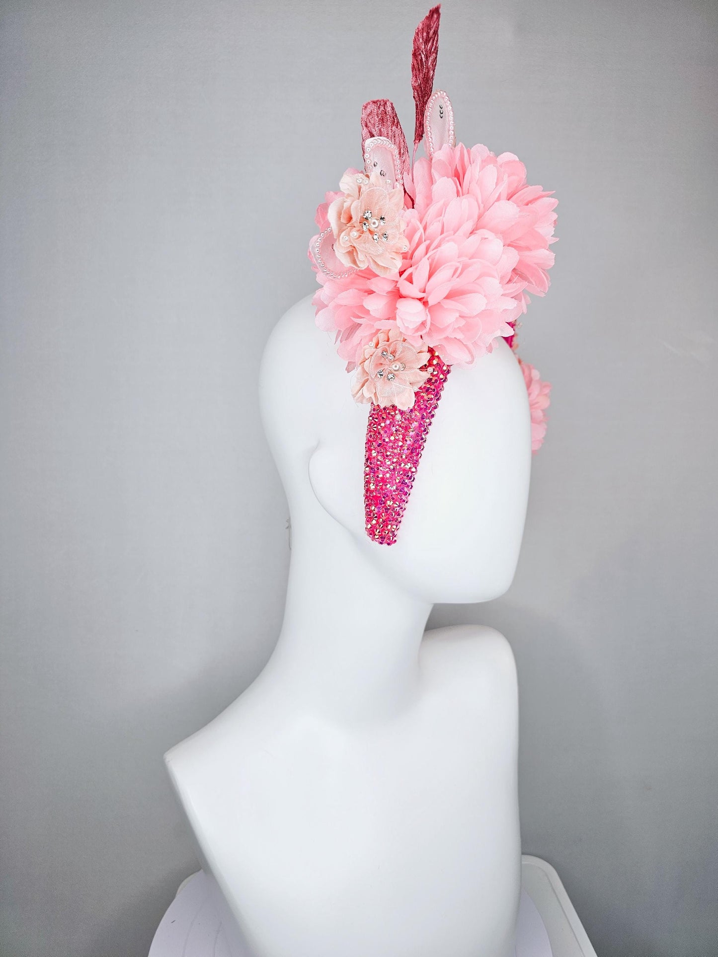 kentucky derby hat fascinator iridescent pink crystal headband,light blush pink satin silk flowers,dusty pink and pearl light pink leaves