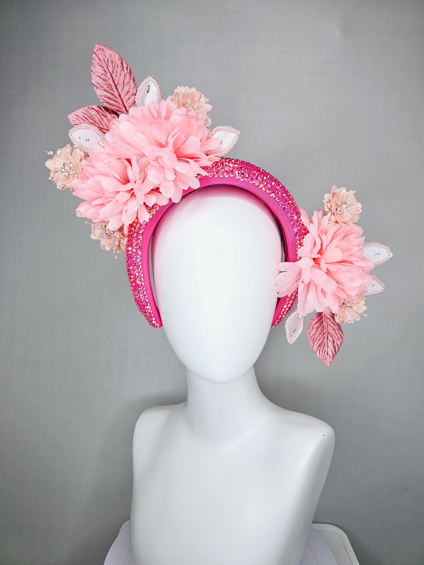 kentucky derby hat fascinator iridescent pink crystal headband,light blush pink satin silk flowers,dusty pink and pearl light pink leaves