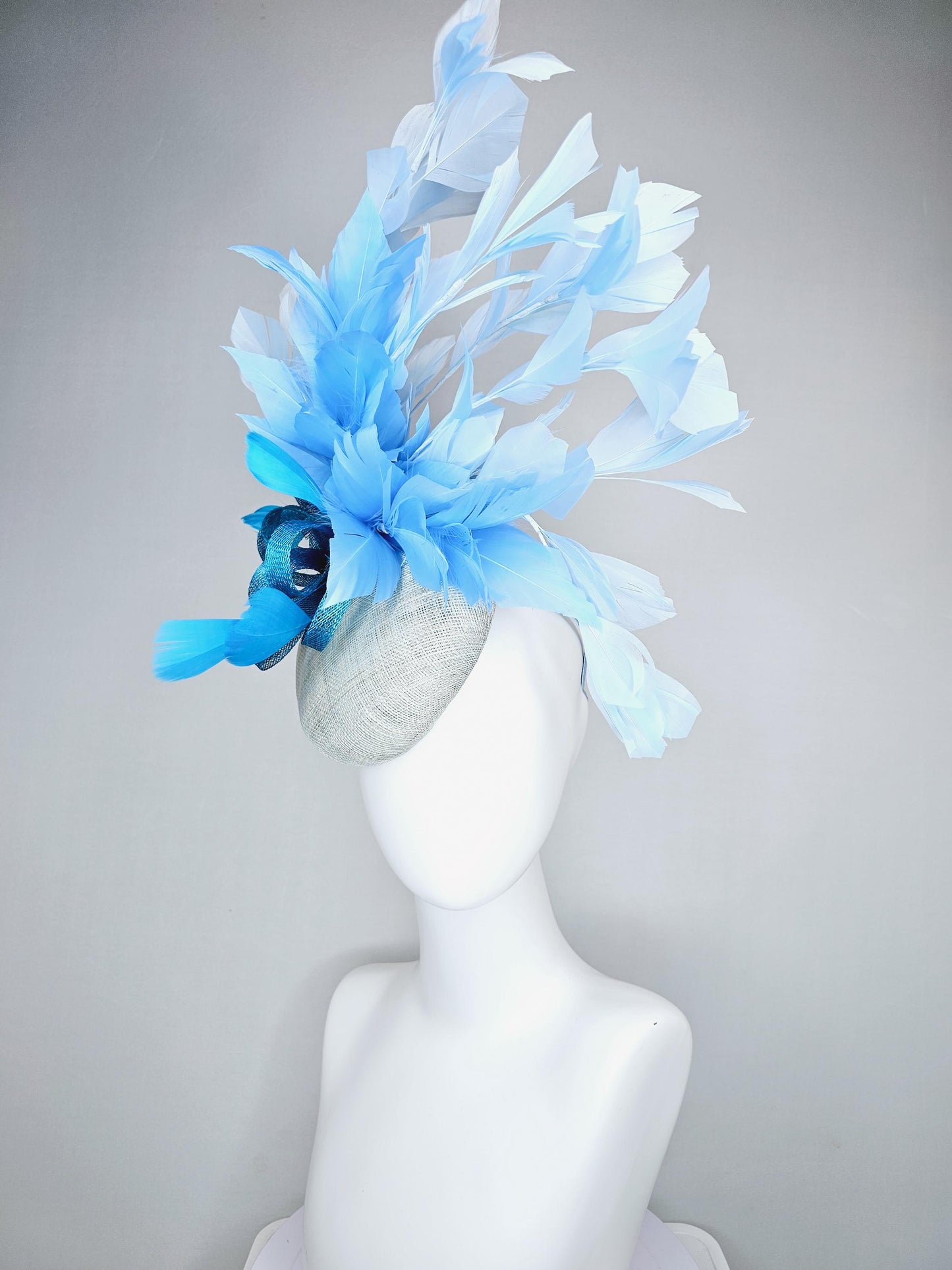 kentucky derby hat fascinator light baby blue sinamay base with blue sinamay bow, sky blue baby blue light blue branching feathers