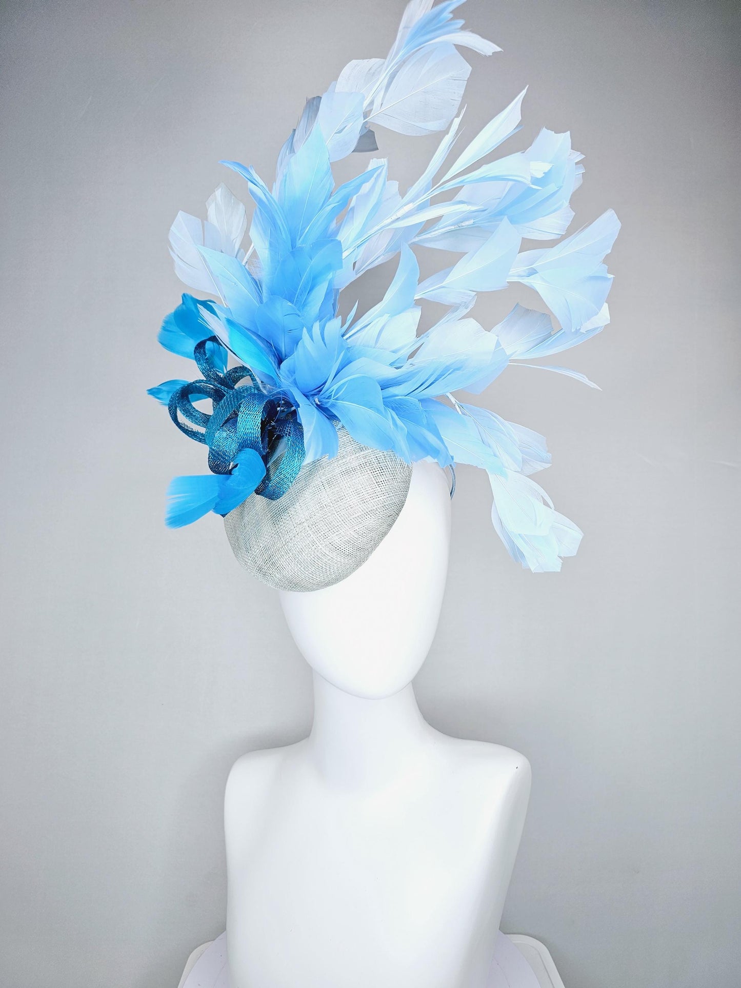 kentucky derby hat fascinator light baby blue sinamay base with blue sinamay bow, sky blue baby blue light blue branching feathers