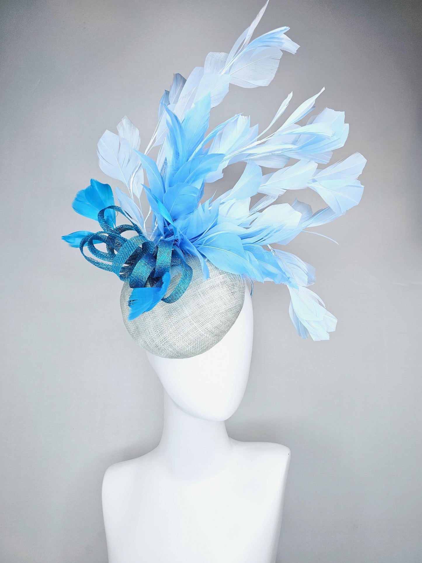 kentucky derby hat fascinator light baby blue sinamay base with blue sinamay bow, sky blue baby blue light blue branching feathers