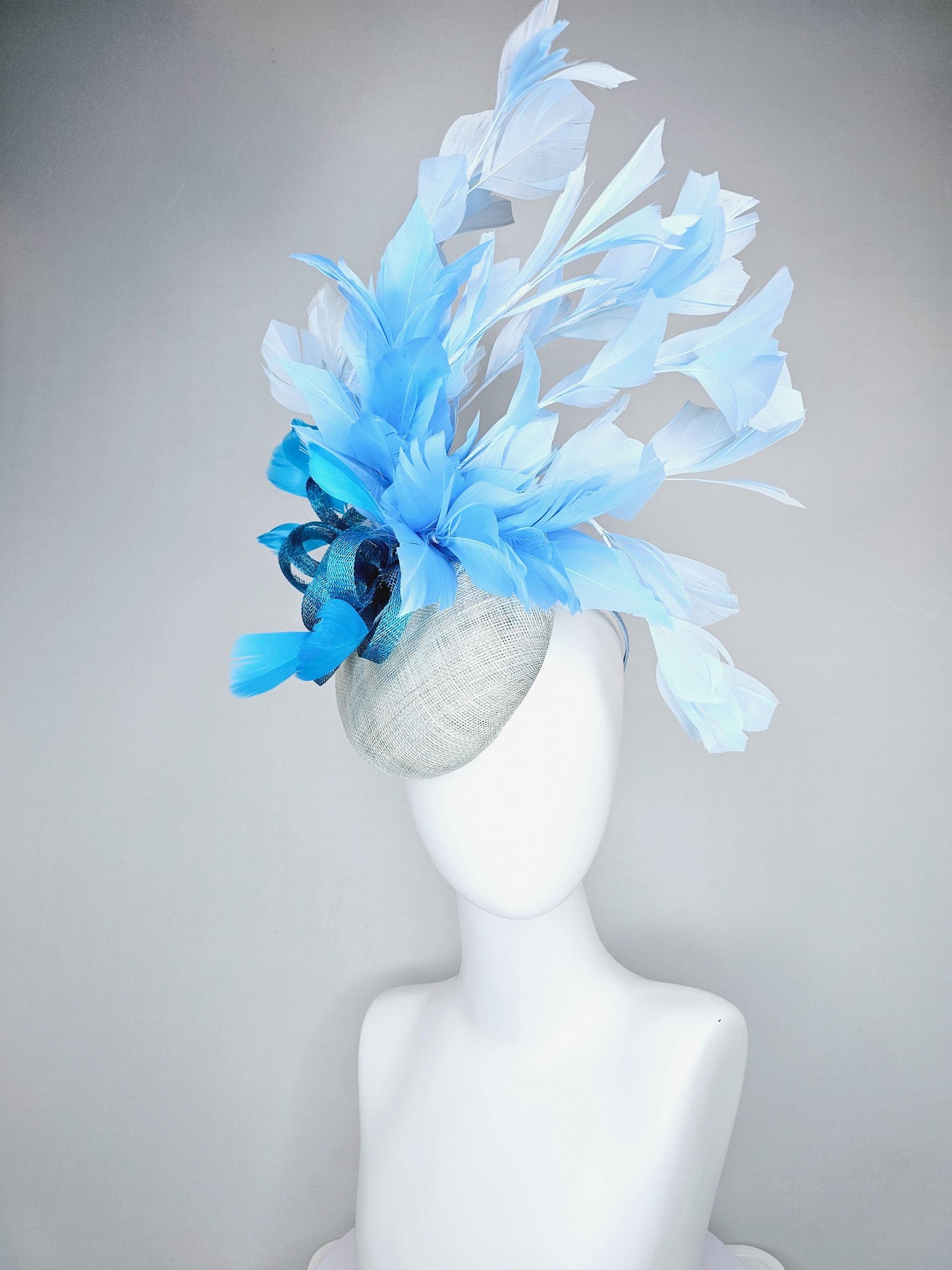 kentucky derby hat fascinator light baby blue sinamay base with blue sinamay bow, sky blue baby blue light blue branching feathers