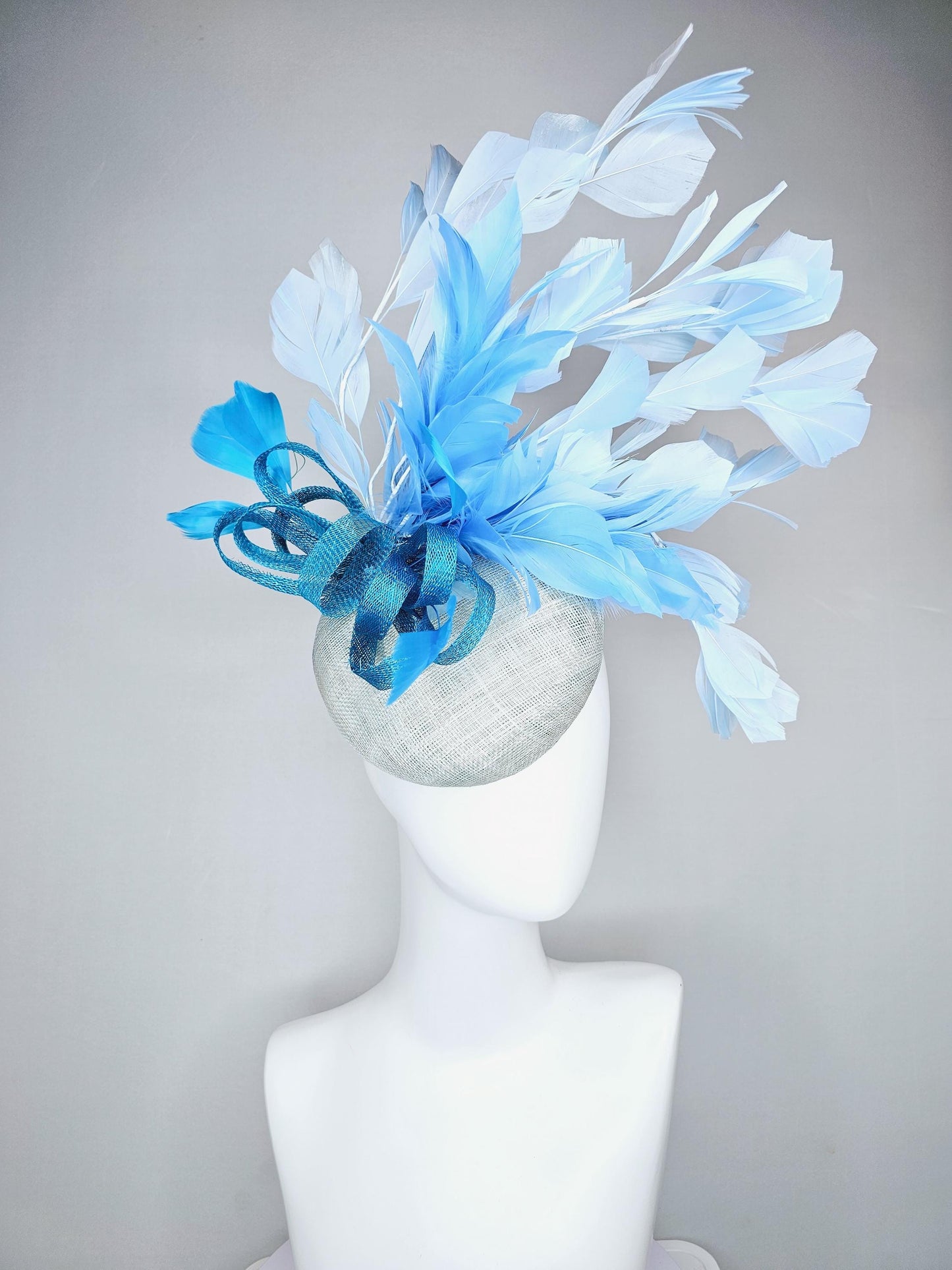 kentucky derby hat fascinator light baby blue sinamay base with blue sinamay bow, sky blue baby blue light blue branching feathers