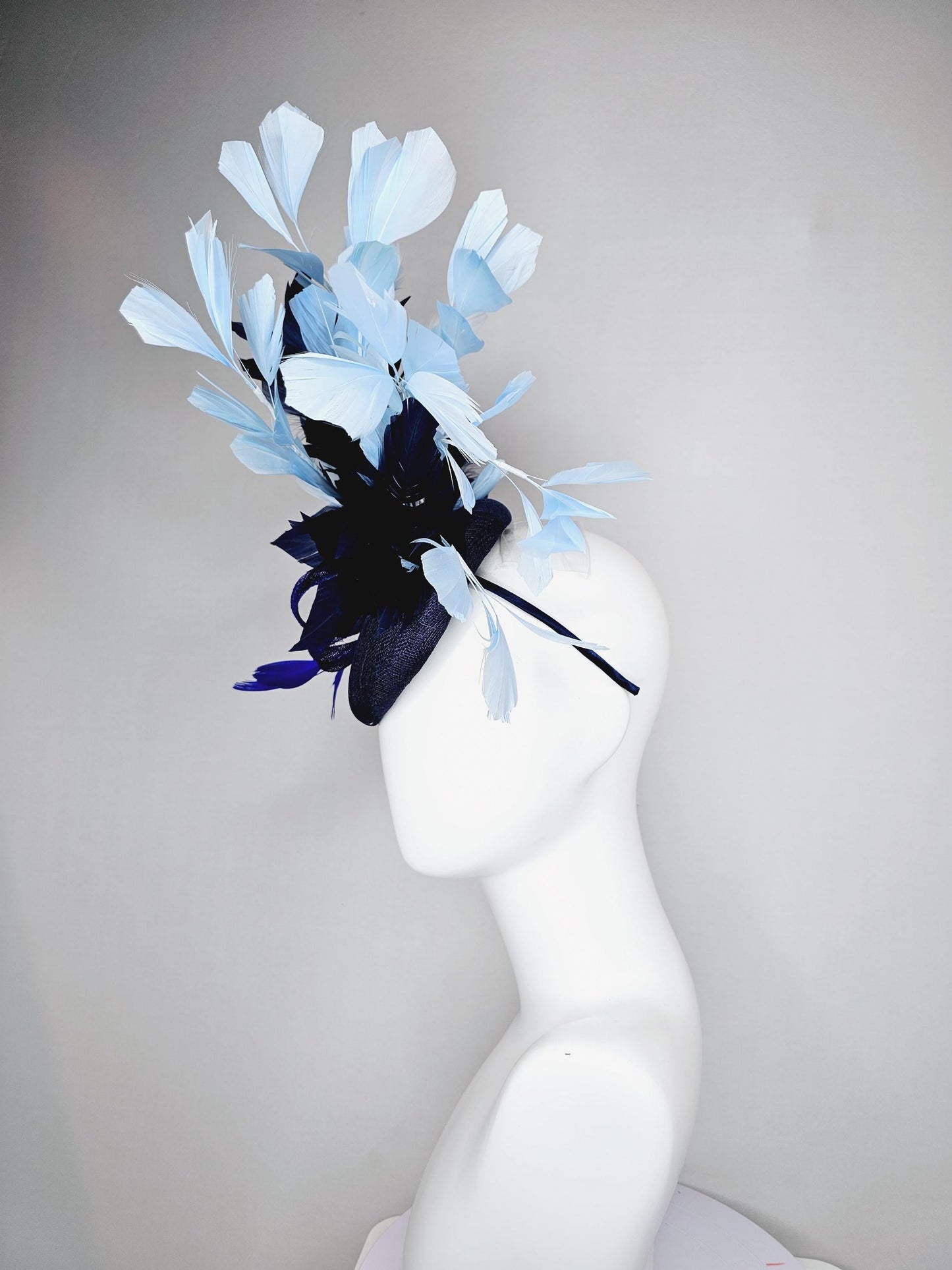 kentucky derby hat fascinator navy blue sinamay base w/ royal blue sinamay bow w/royal blue feathers,navy blue light blue branching feathers