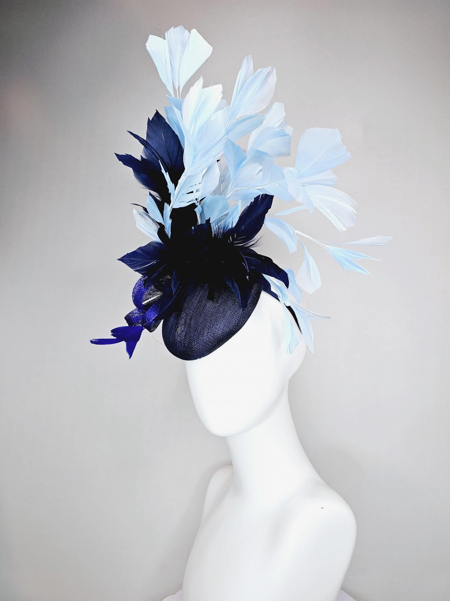 kentucky derby hat fascinator navy blue sinamay base w/ royal blue sinamay bow w/royal blue feathers,navy blue light blue branching feathers