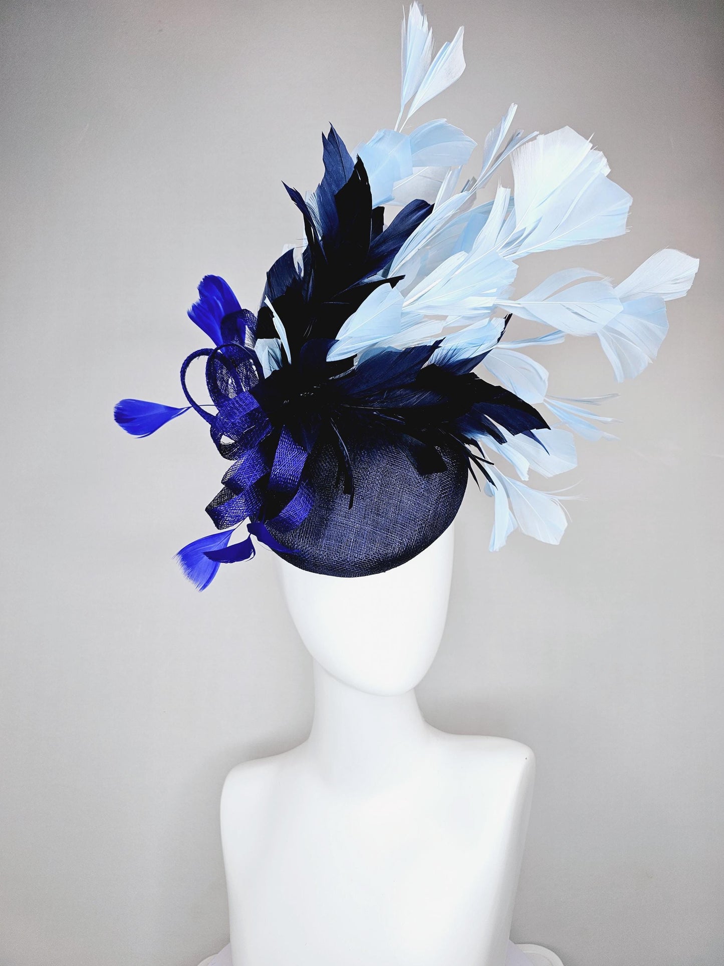 kentucky derby hat fascinator navy blue sinamay base w/ royal blue sinamay bow w/royal blue feathers,navy blue light blue branching feathers