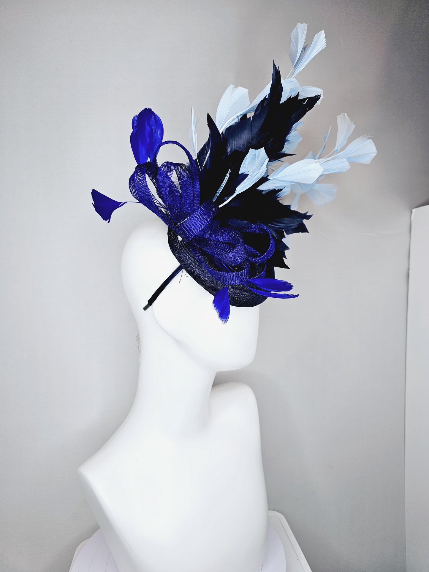 kentucky derby hat fascinator navy blue sinamay base w/ royal blue sinamay bow w/royal blue feathers,navy blue light blue branching feathers