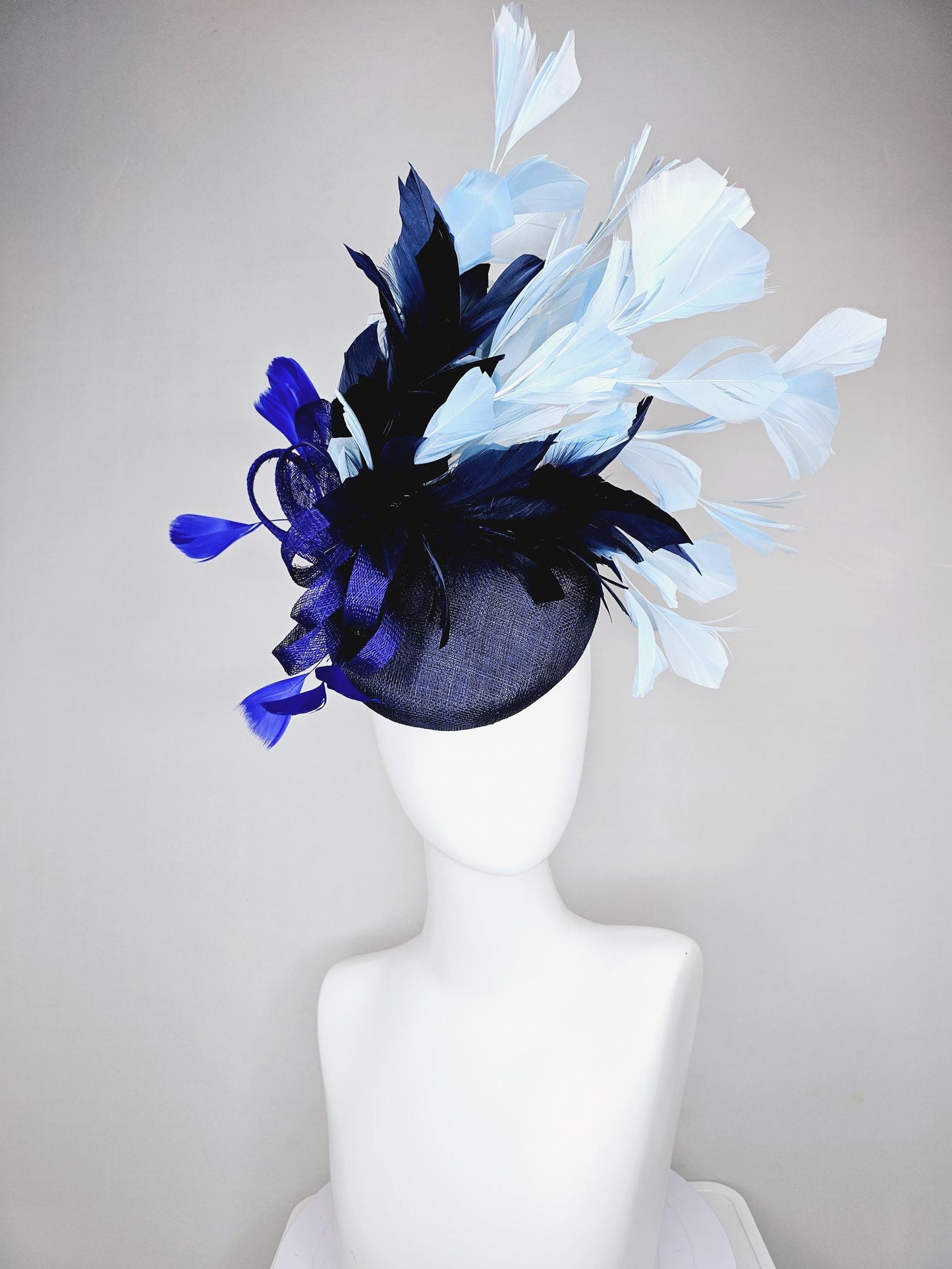 kentucky derby hat fascinator navy blue sinamay base w/ royal blue sinamay bow w/royal blue feathers,navy blue light blue branching feathers