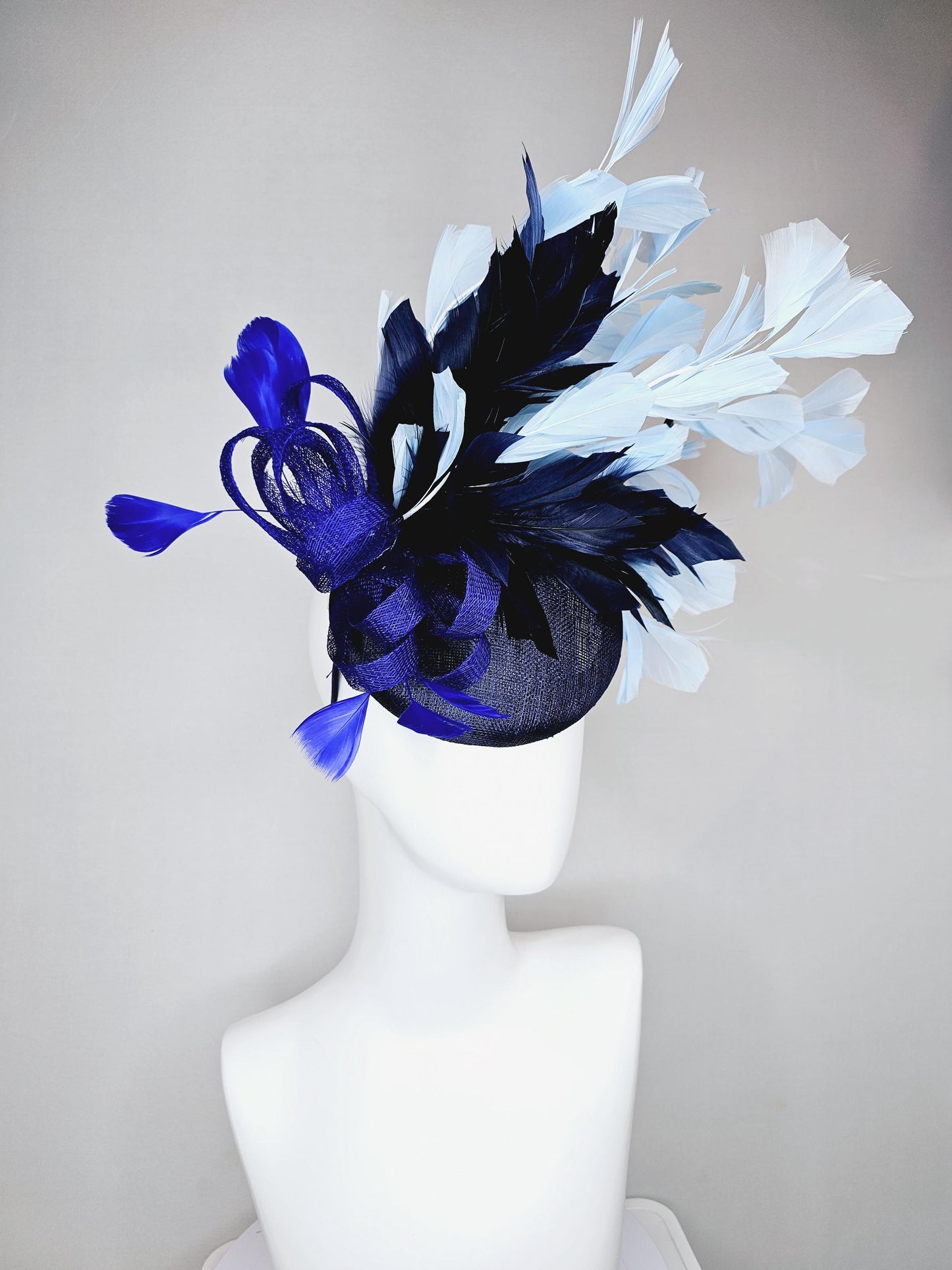 kentucky derby hat fascinator navy blue sinamay base w/ royal blue sinamay bow w/royal blue feathers,navy blue light blue branching feathers