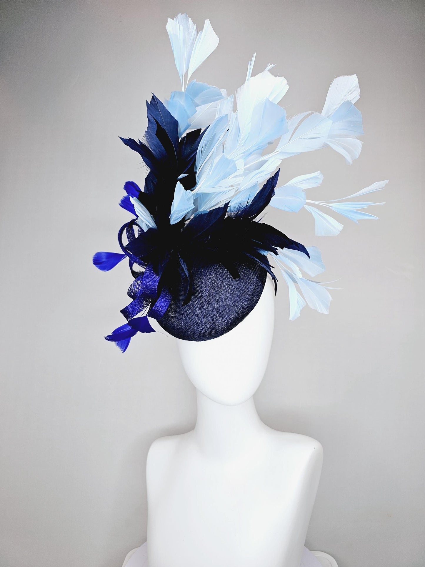 kentucky derby hat fascinator navy blue sinamay base w/ royal blue sinamay bow w/royal blue feathers,navy blue light blue branching feathers