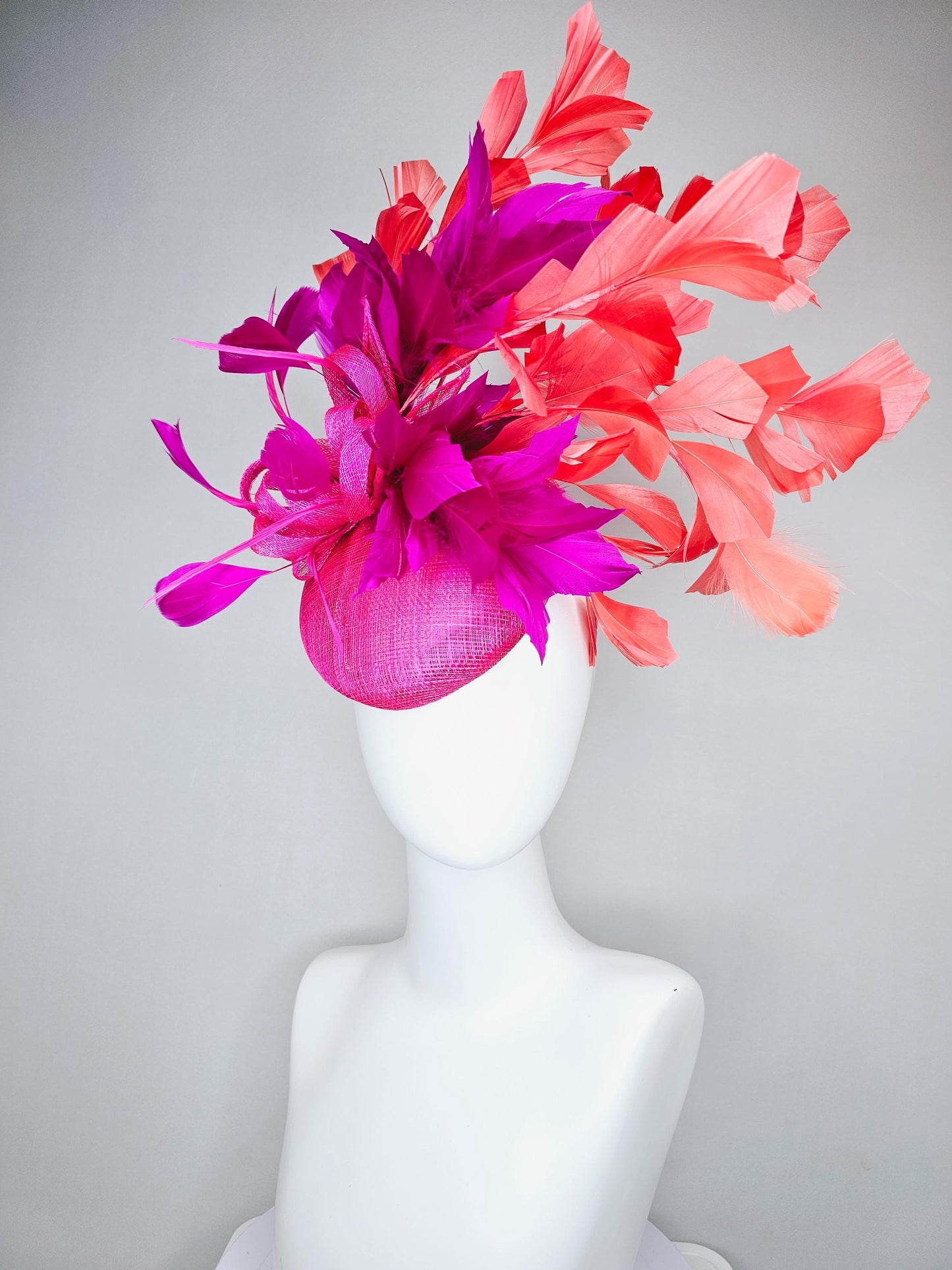 kentucky derby hat fascinator hot bright pink sinamay base with bright pink sinamay bow flower, pink fuchsia coral orange branching feathers