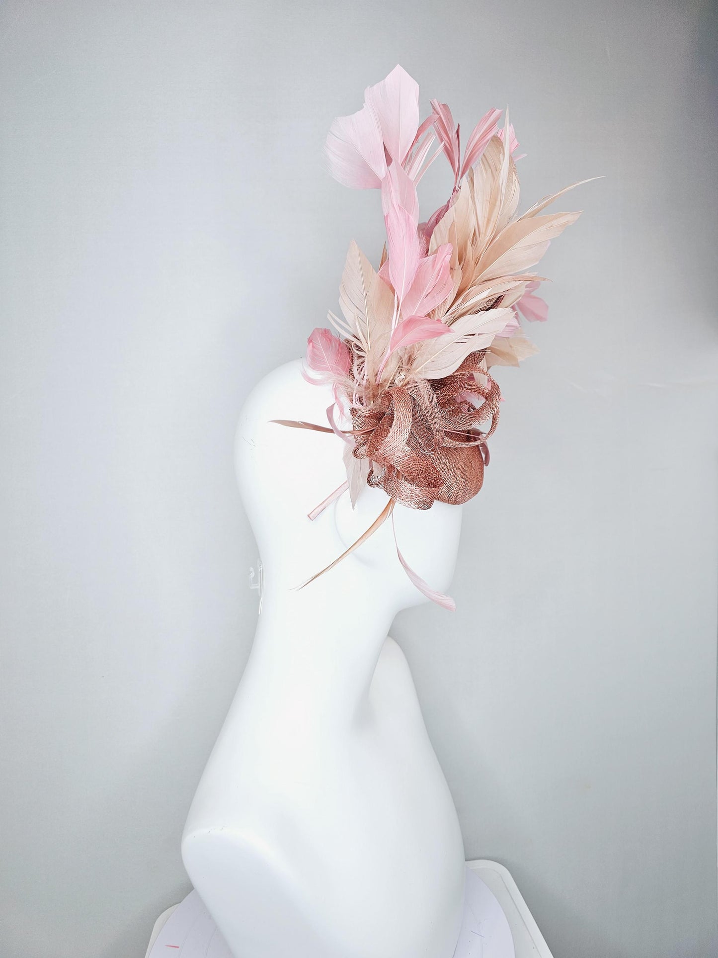 kentucky derby hat fascinator dusty pink sinamay base with dusty pink sinamay bow flower, dusty pink champagne light pink branching feathers