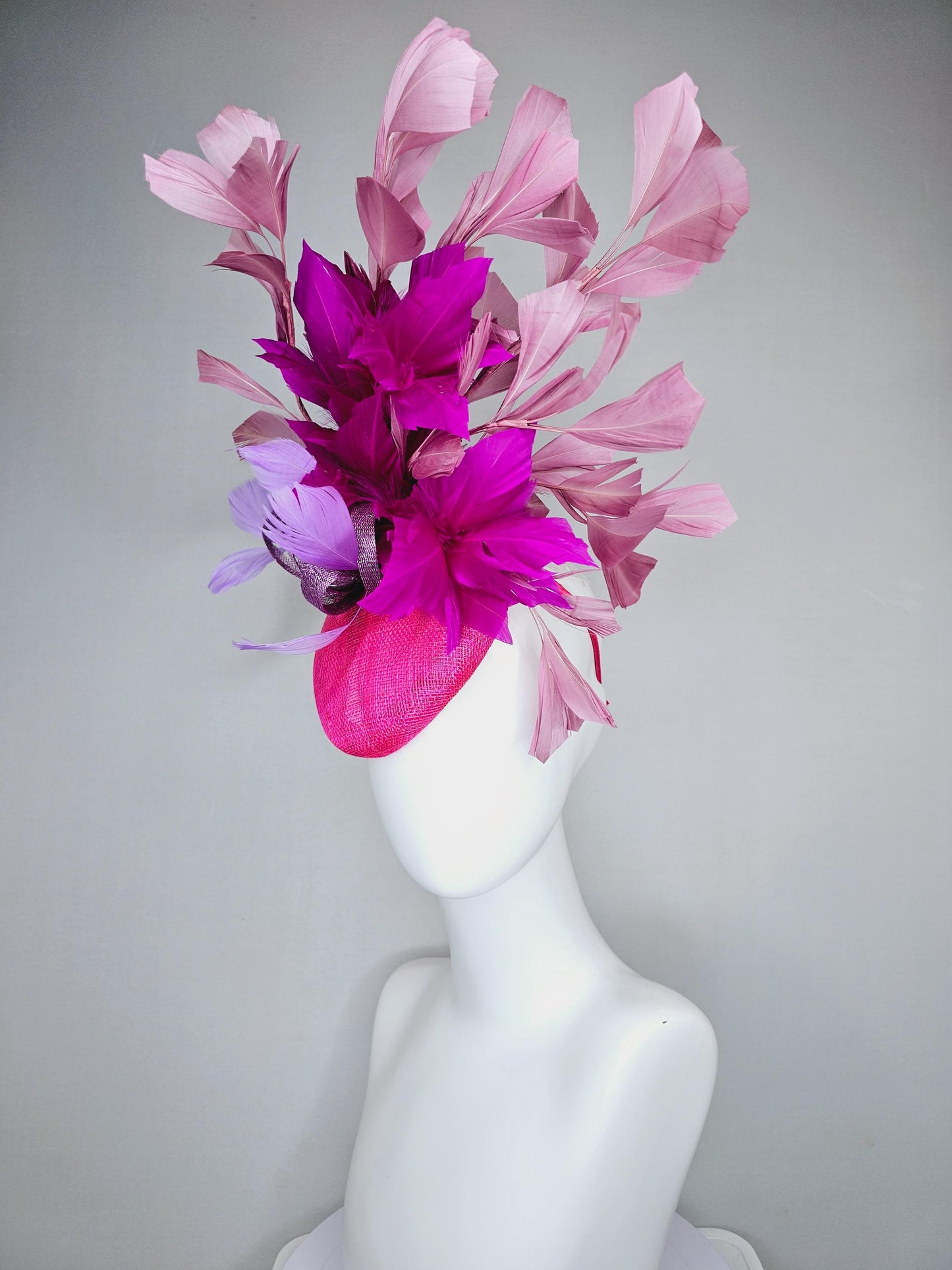 kentucky derby hat fascinator hot bright pink sinamay base with purple sinamay bow, purple pink fuchsia blush pink branching feathers