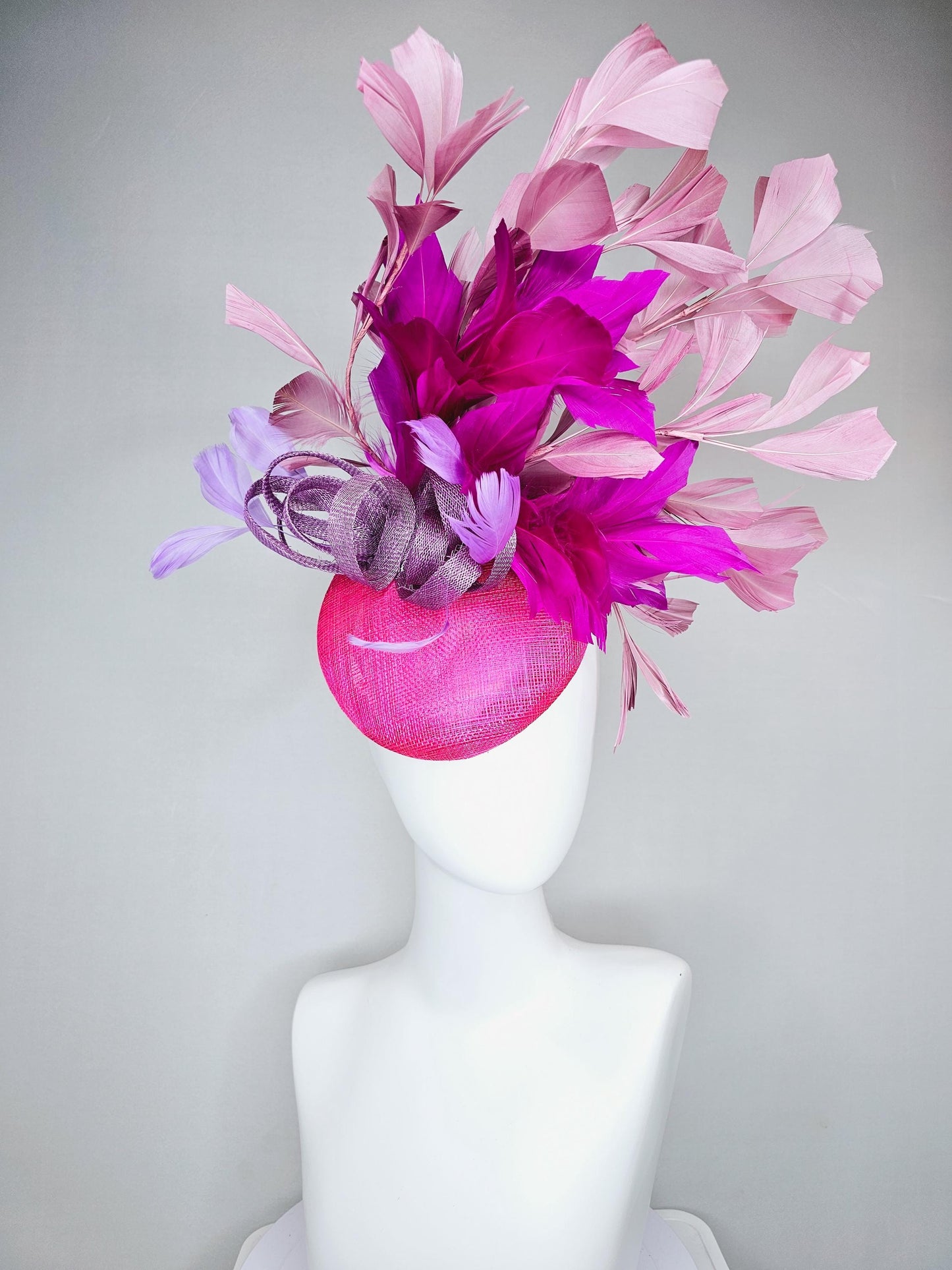 kentucky derby hat fascinator hot bright pink sinamay base with purple sinamay bow, purple pink fuchsia blush pink branching feathers