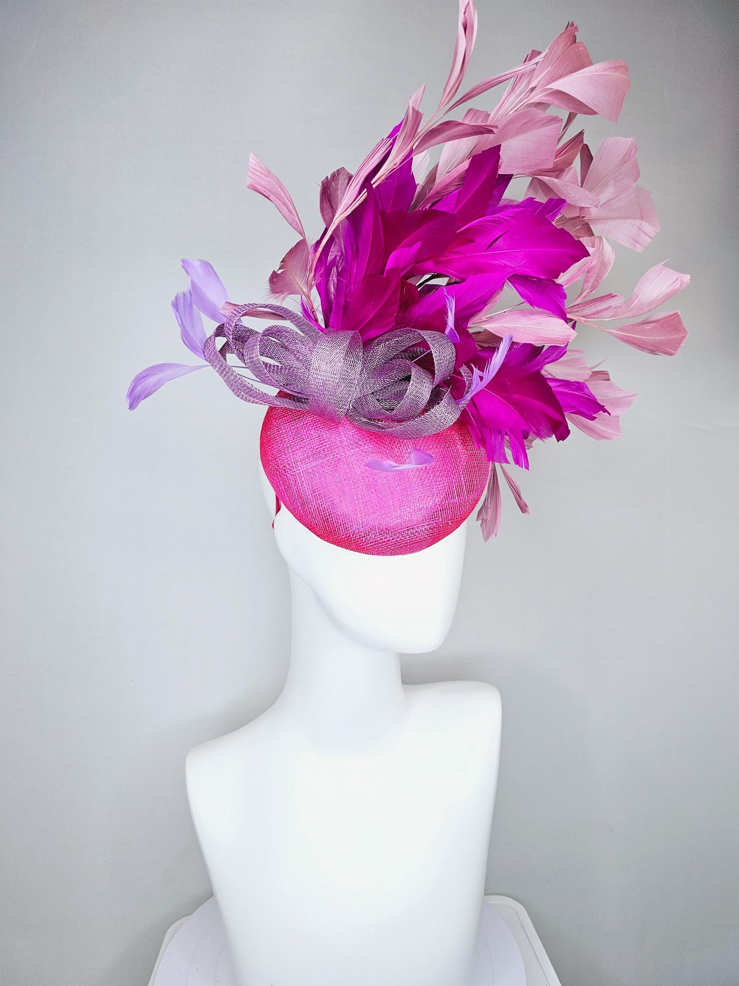 kentucky derby hat fascinator hot bright pink sinamay base with purple sinamay bow, purple pink fuchsia blush pink branching feathers