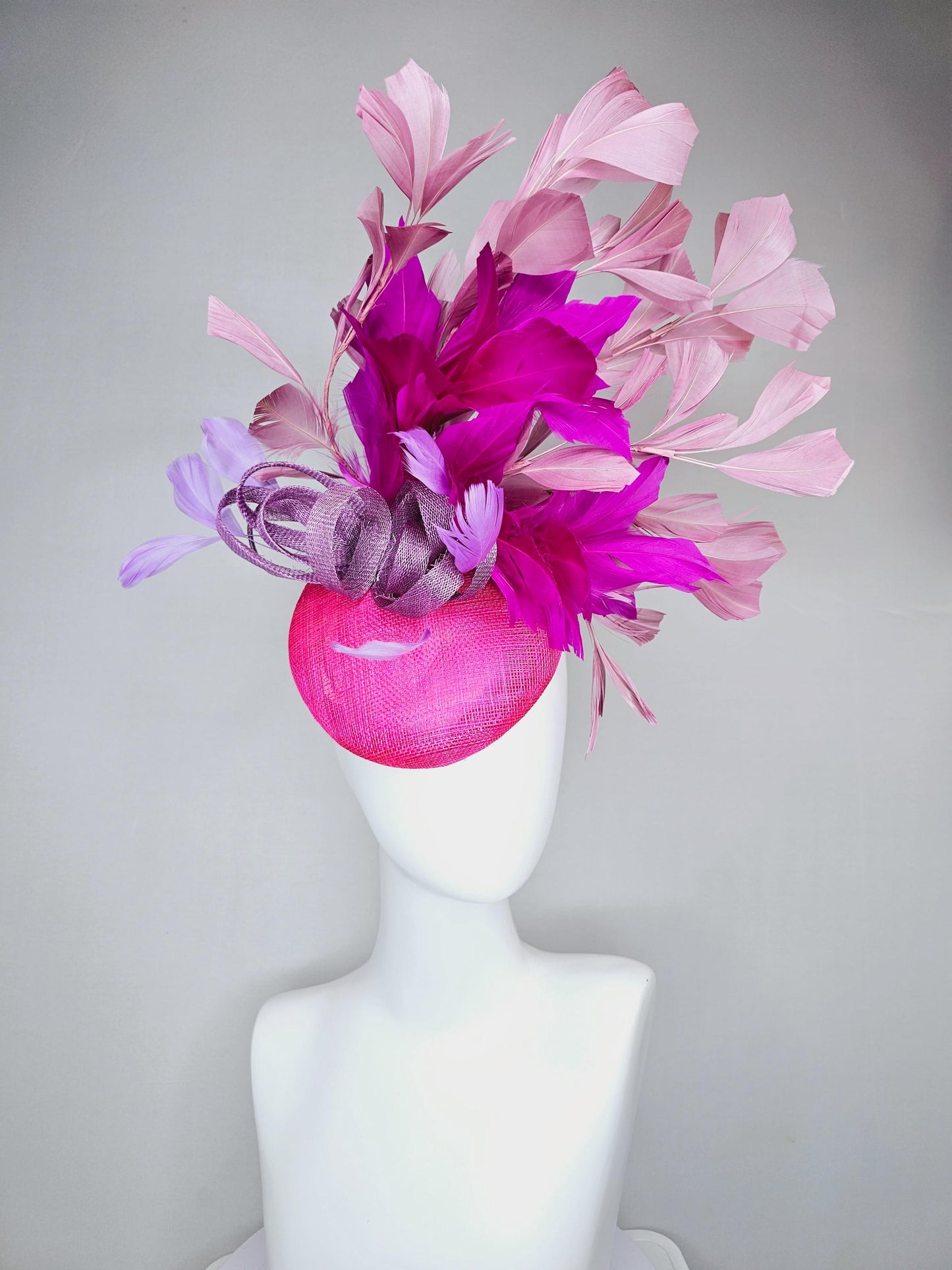 kentucky derby hat fascinator hot bright pink sinamay base with purple sinamay bow, purple pink fuchsia blush pink branching feathers