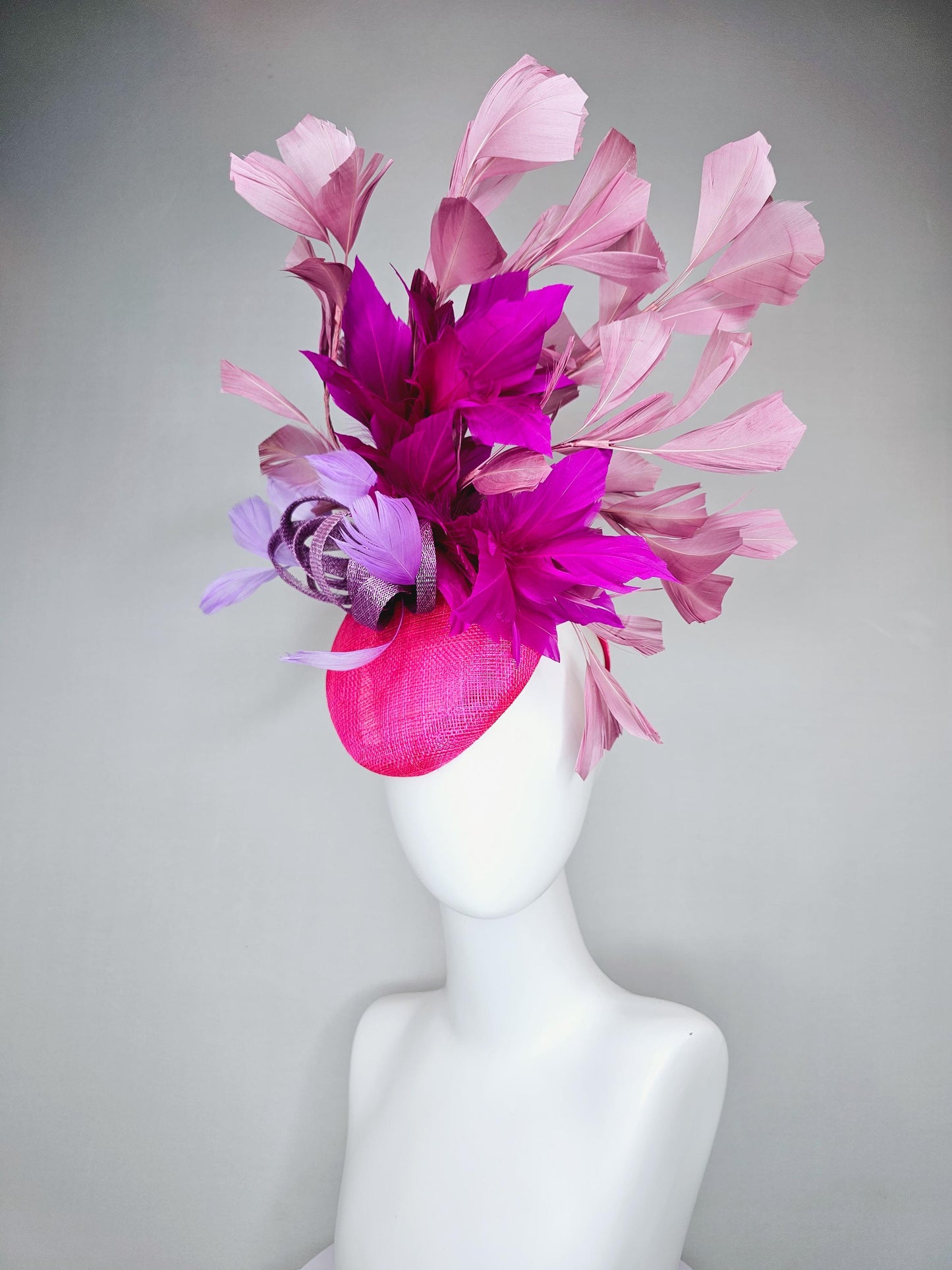 kentucky derby hat fascinator hot bright pink sinamay base with purple sinamay bow, purple pink fuchsia blush pink branching feathers