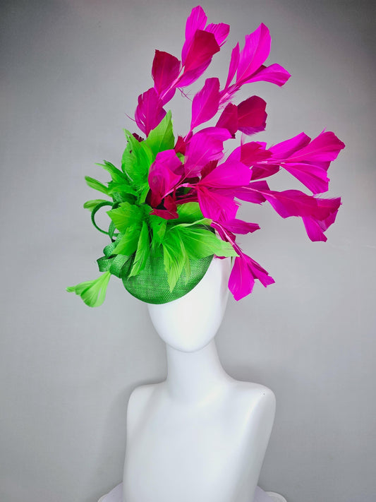 kentucky derby hat fascinator lime green sinamay base with lime green sinamay bow, lime green and hot bright pink fuchsia branching feathers