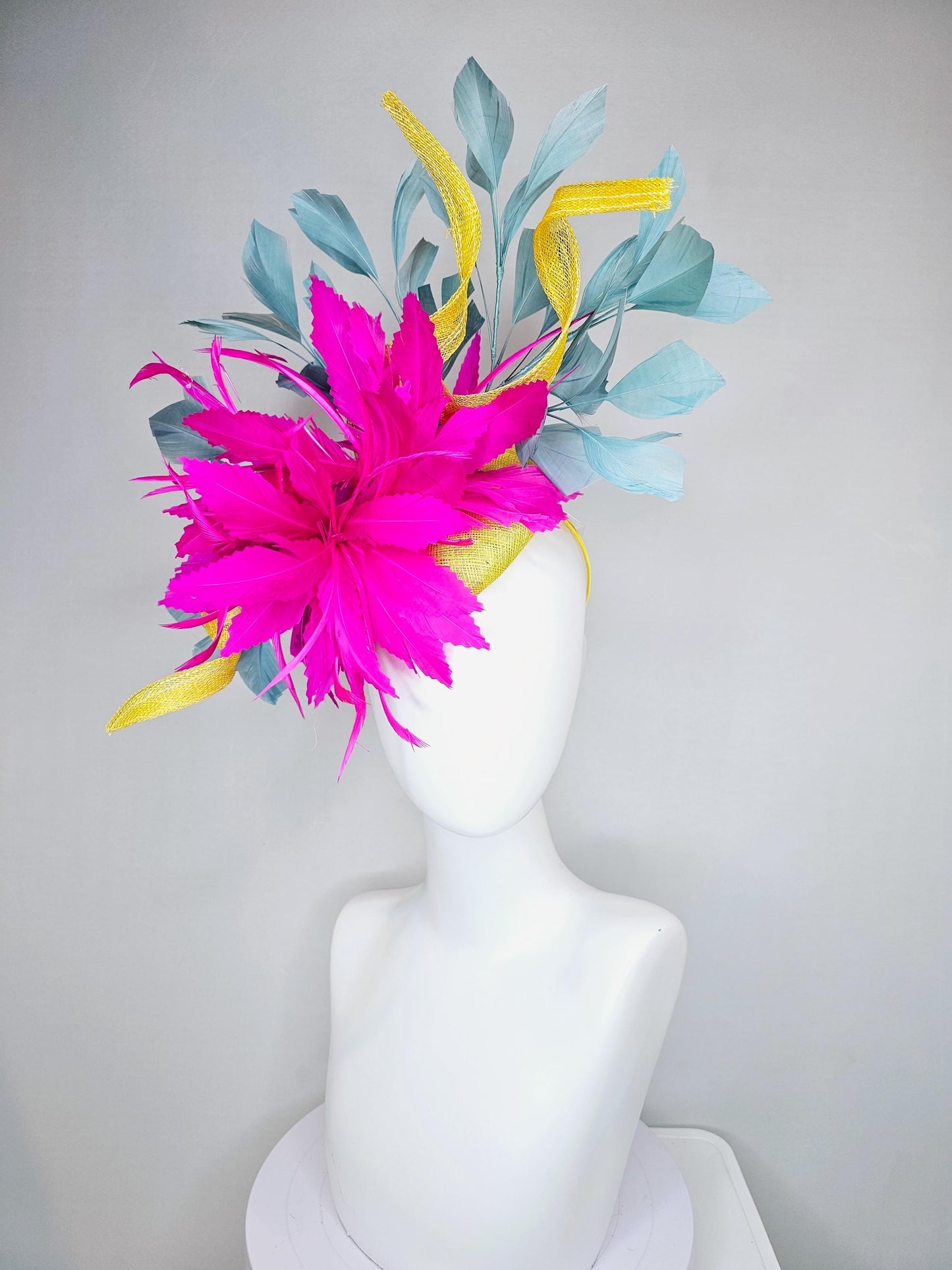 kentucky derby hat fascinator bright yellow sinamay with curls,bright hot pink feather flowers and teal blue branching feathers