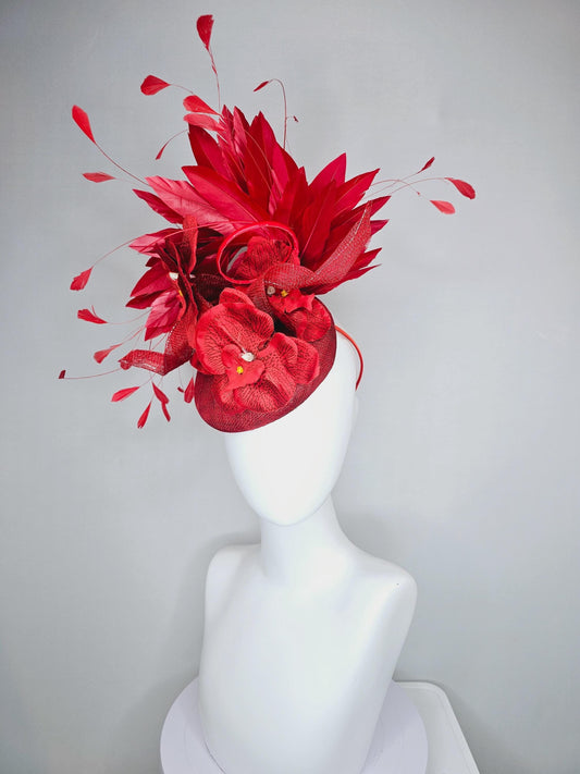 kentucky derby hat fascinator scarlet red sinamay with curls and cherry red branching feathers with large red satin orchid flowers