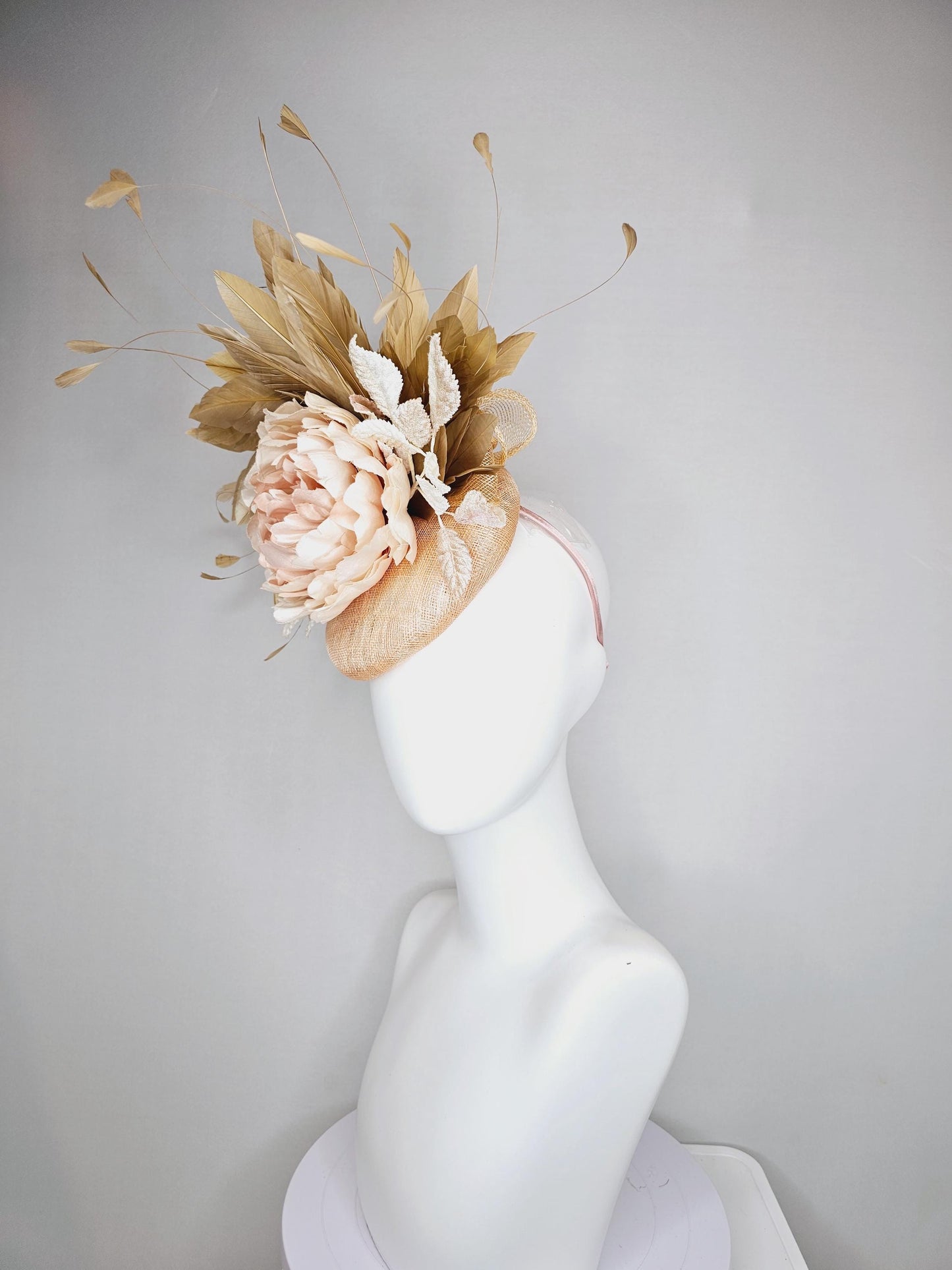 kentucky derby hat fascinator beige neutral sinamay,taupe beige branching feathers,cream ivory leaves and light pink rose satin silk flower