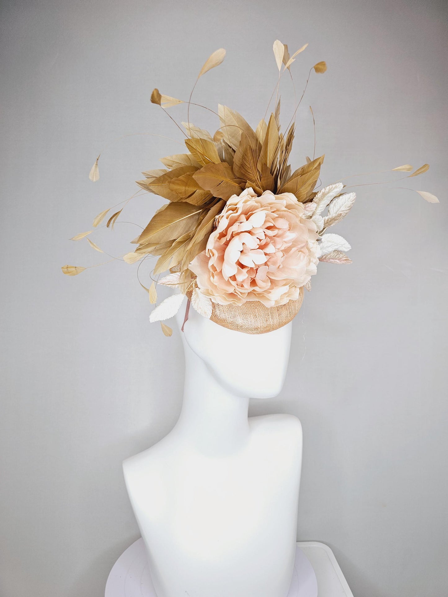 kentucky derby hat fascinator beige neutral sinamay,taupe beige branching feathers,cream ivory leaves and light pink rose satin silk flower