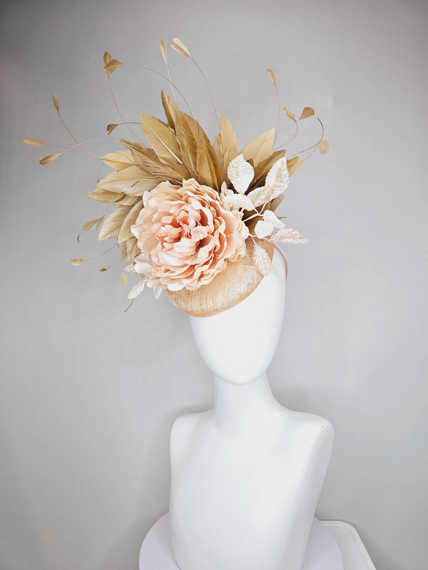 kentucky derby hat fascinator beige neutral sinamay,taupe beige branching feathers,cream ivory leaves and light pink rose satin silk flower