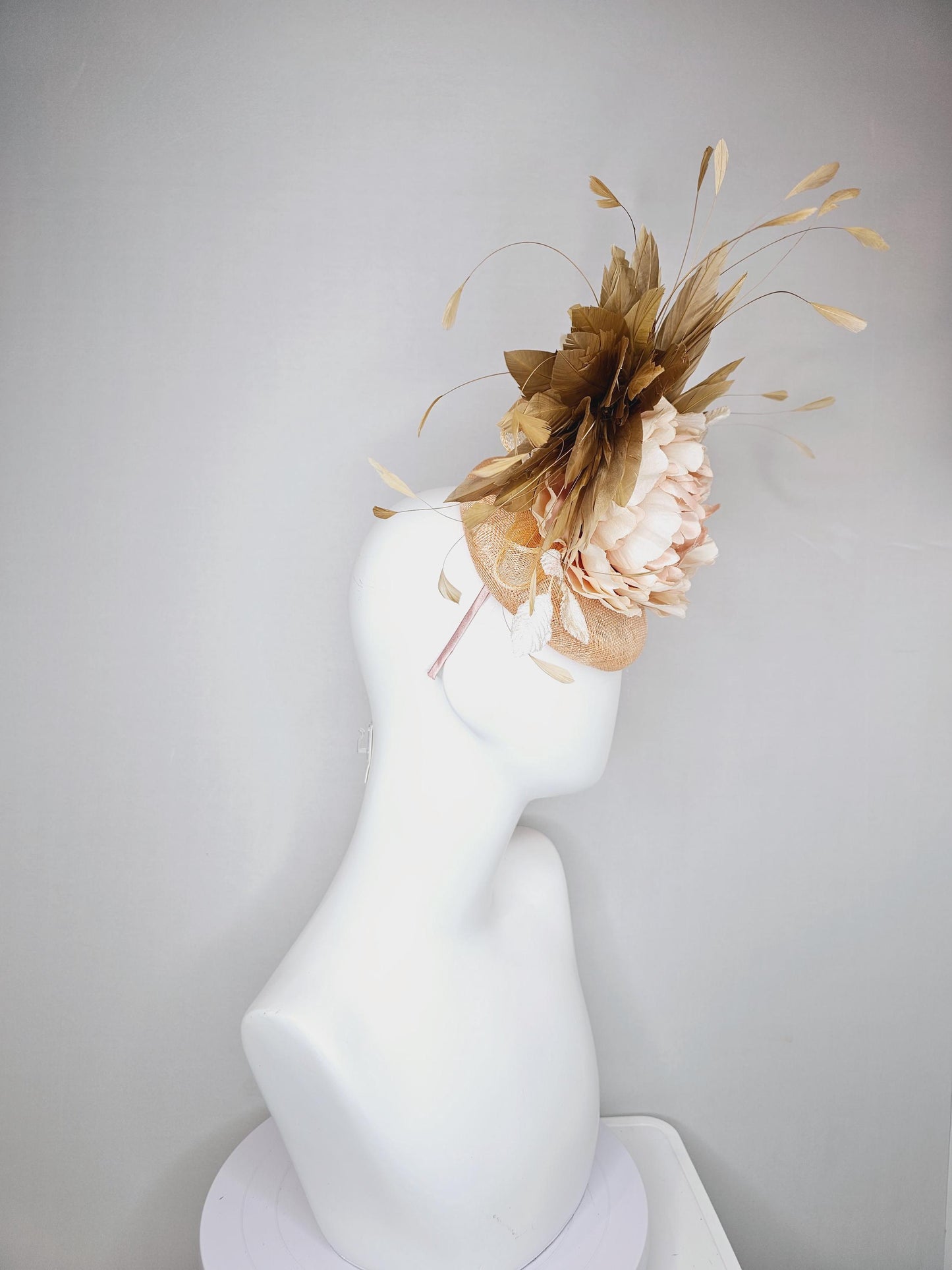 kentucky derby hat fascinator beige neutral sinamay,taupe beige branching feathers,cream ivory leaves and light pink rose satin silk flower