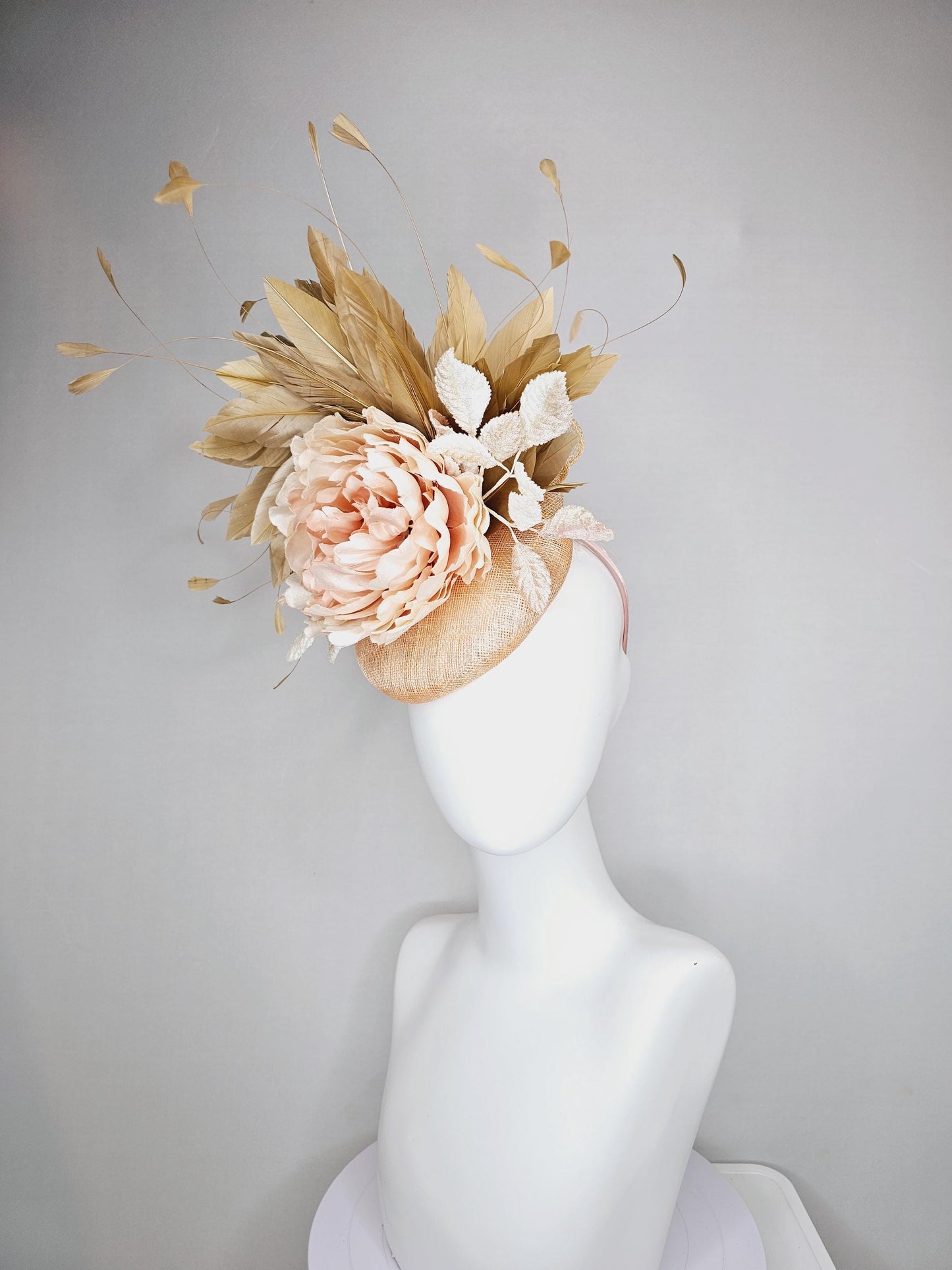 kentucky derby hat fascinator beige neutral sinamay,taupe beige branching feathers,cream ivory leaves and light pink rose satin silk flower