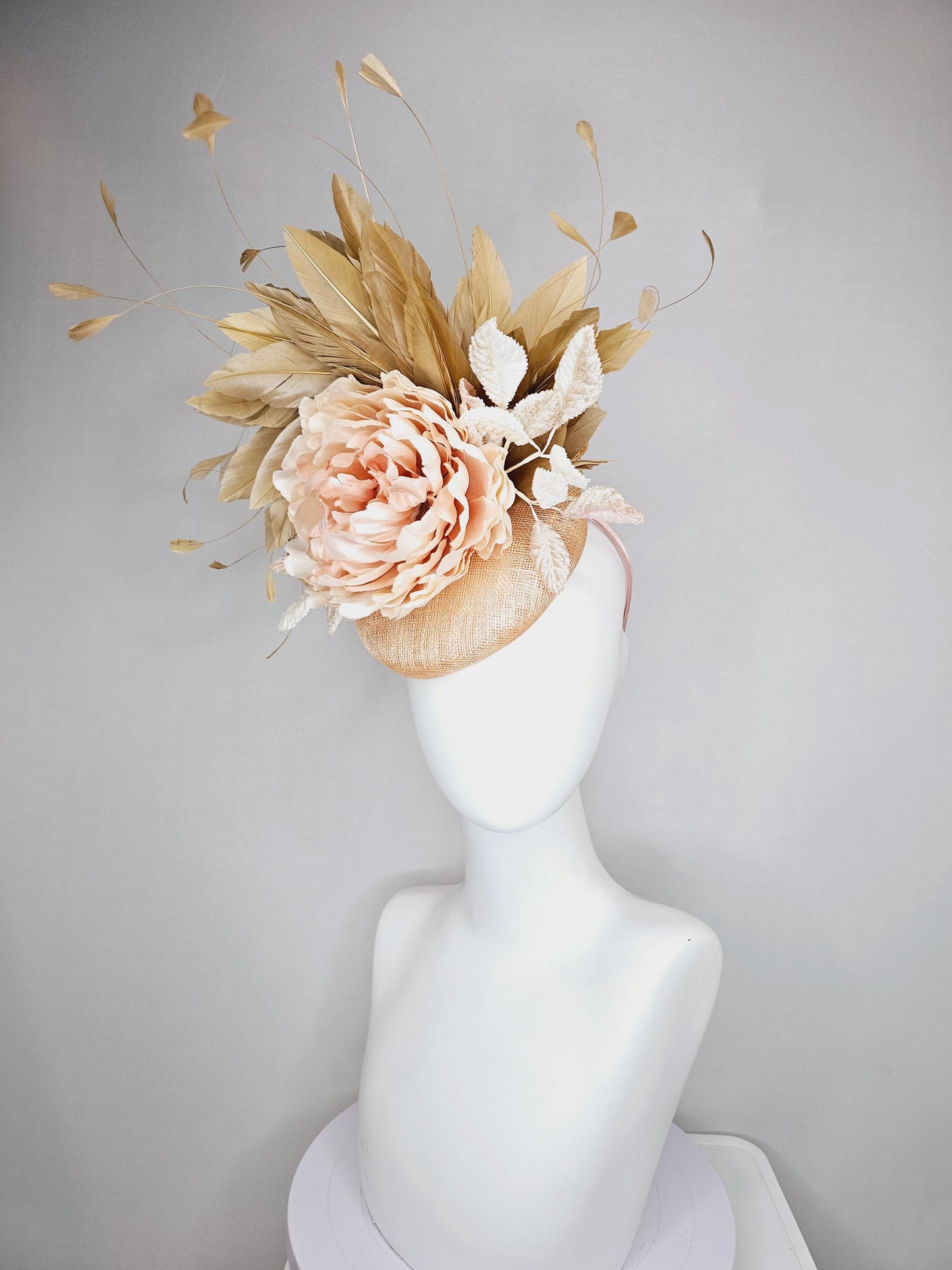 kentucky derby hat fascinator beige neutral sinamay,taupe beige branching feathers,cream ivory leaves and light pink rose satin silk flower